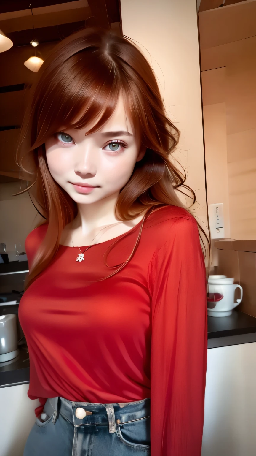 (((1 girl))), ((((alone)))), ((messy hairstyle)), stand and take a photo, (((reddish hair)), red eyes, soft blouse