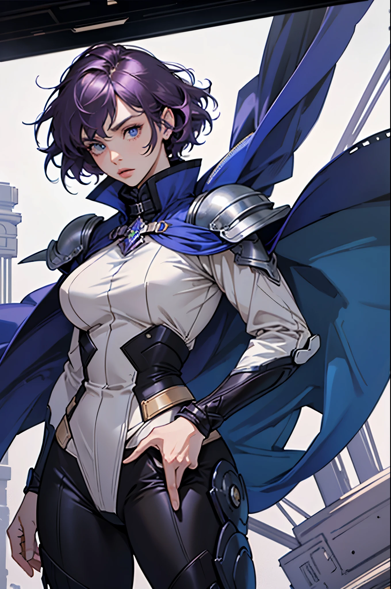 25 year old woman, whole body, Medium violet hair and realistic silhouette defined, eyes fixed on the front camera, wrapped in a blue cape and a hyper detailed metal armor, all in a FULL HD 8K quality of high definition, ultra detailed definition.