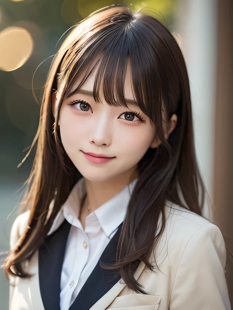table top, highest quality, super detailed, finely, High resolution, 8k wallpaper, perfect dynamic composition, 1 girl, japanese girl, enchanting smile, smile shyly, beautiful, Very good-looking, cute like a doll, female idol, round big eyes, droopy eyes, small nostrils, 緻密でbeautiful目,  natural lip,blazer ,school uniform, big breasts, bust shot, soft light, using a reflector, (50mm lens:1.3), f/1.4, (Bokeh:1.4), (blurred background:1.4),