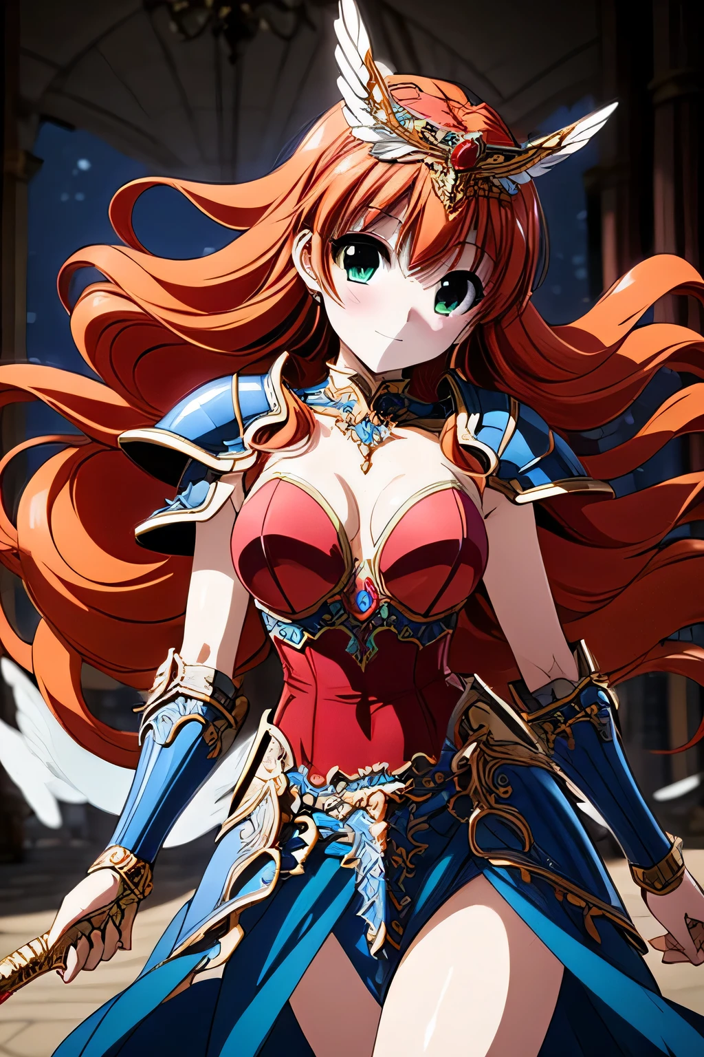 (masterpiece, highest quality:1.2),Lucia,1 girl,alone,green eyes,orange hair,very long hair,red armor dress,cowboy shot,wing tiara,((blue baltair armor)),((blue waist armor)),blue shoulder armor,(Blue cuffs),blue knee boots,pauldron,blue armor belt,with a sword