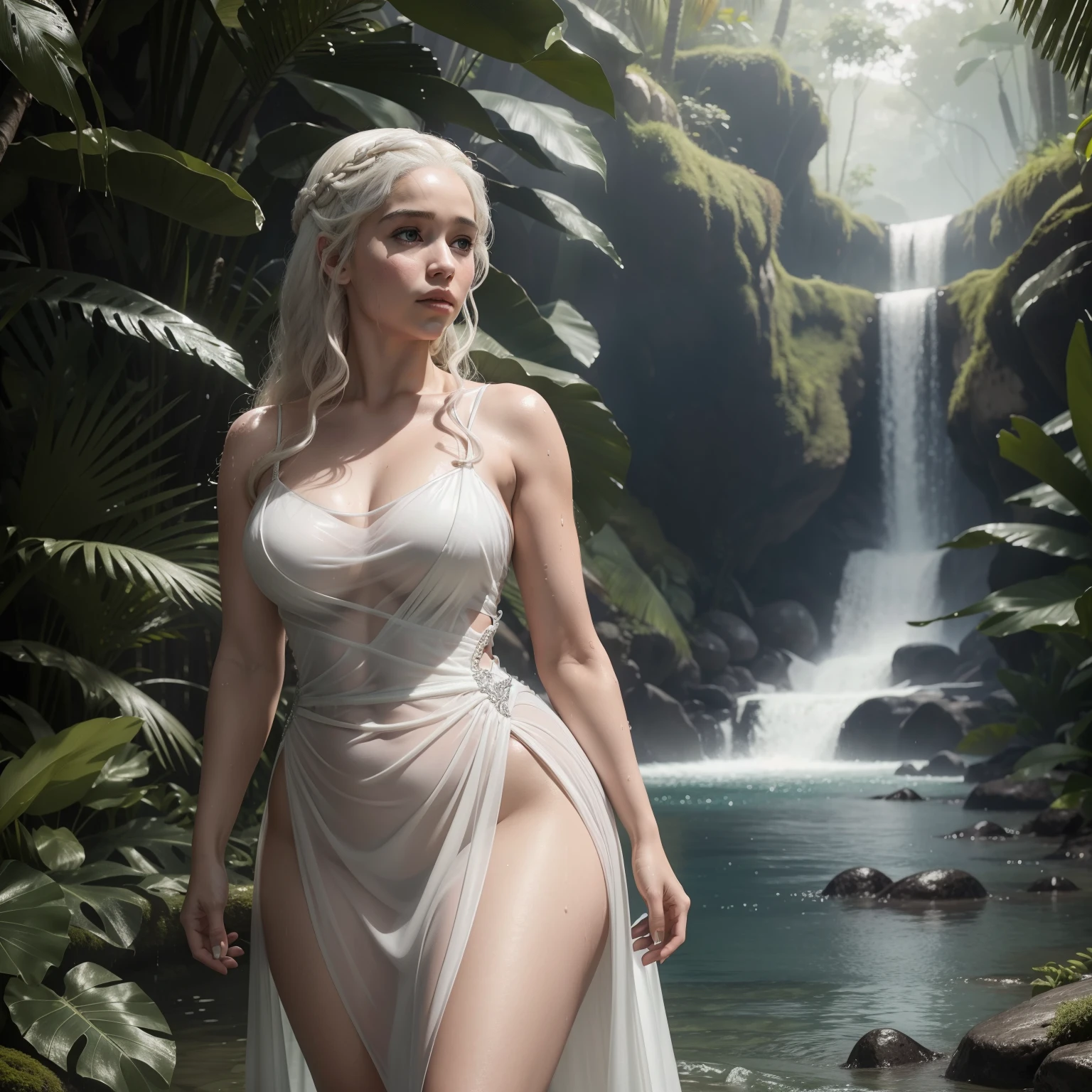 (8K, RAW photo, top-quality, masterpiece: 1.1), Daenerys Targaryen, big hips, tropical forest, wet, transparent white dress, revealing, big ass, highly detailed skin: 1.3, exposed: 1.5, pubic area: 1.2, photorealistic: 1.4, Ultra-Fine Description: 1.6,

Daenerys Targaryen, with her curvaceous figure and big hips, stands in the heart of a lush tropical forest. She wears a wet, transparent white dress that clings to her body, revealing every detail of her highly-detailed, smooth