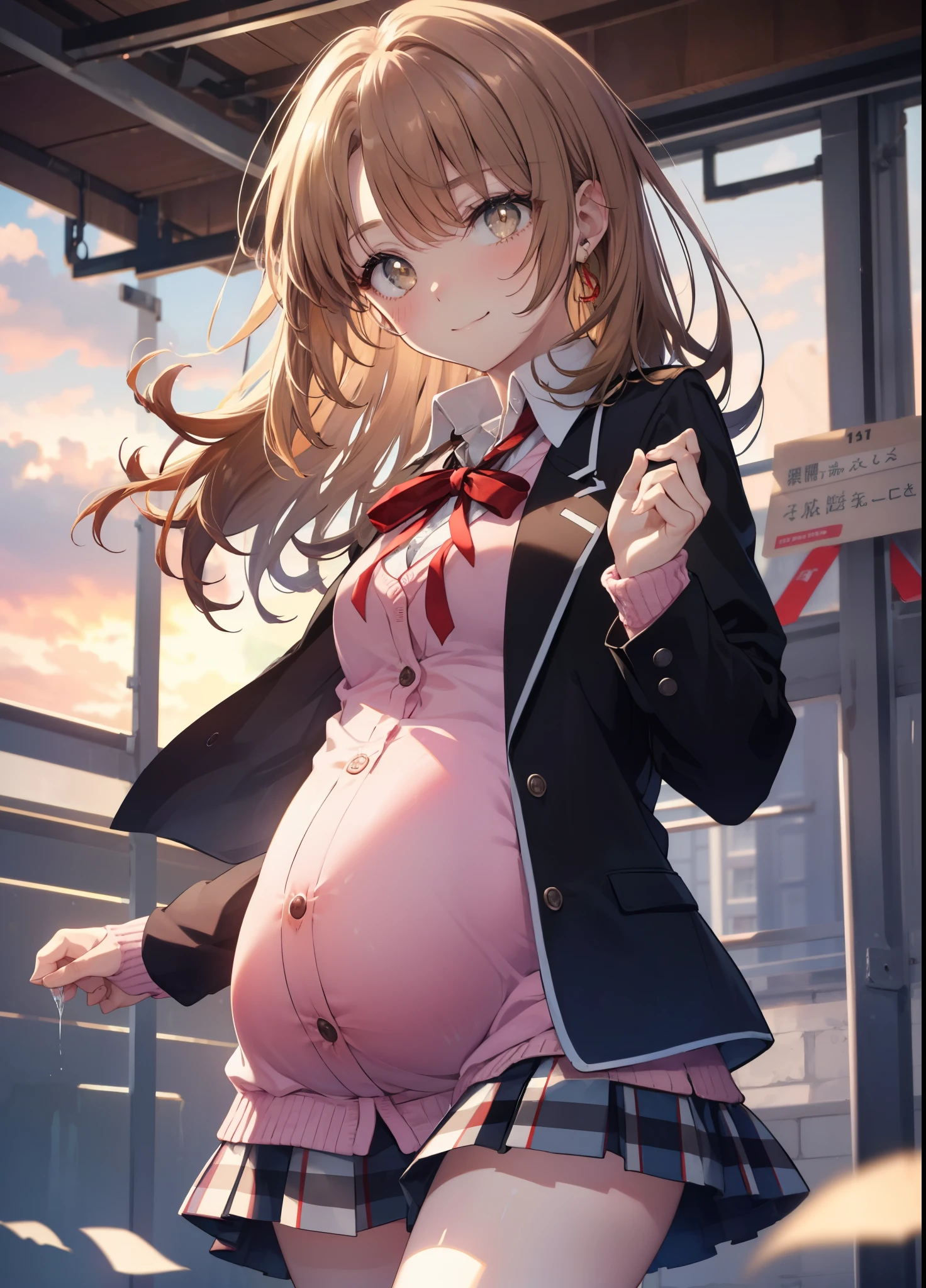 irohaisshiki, iroha isshiki, long hair, light brown hair, (brown eyes:1.5), smile,blush,
break skirt, shirt, ribbon, school uniform, Jacket, white shirt, open clothes, socks, open Jacket, black Jacket, plaid, knee high, plaid skirt, blazer, cardigan, black socks, pink cardigan, sobu high school uniform,pregnant woman with long brown hair,Pregnant, childbirth, work, Pregnantのお腹を抱きしめる,
break indoors, room,
break looking at viewer,
break (masterpiece:1.2), highest quality, High resolution, unity 8k wallpaper, (figure:0.8), (detailed and beautiful eyes:1.6), highly detailed face, perfect lighting, Very detailed CG, (perfect hands, perfect anatomy),