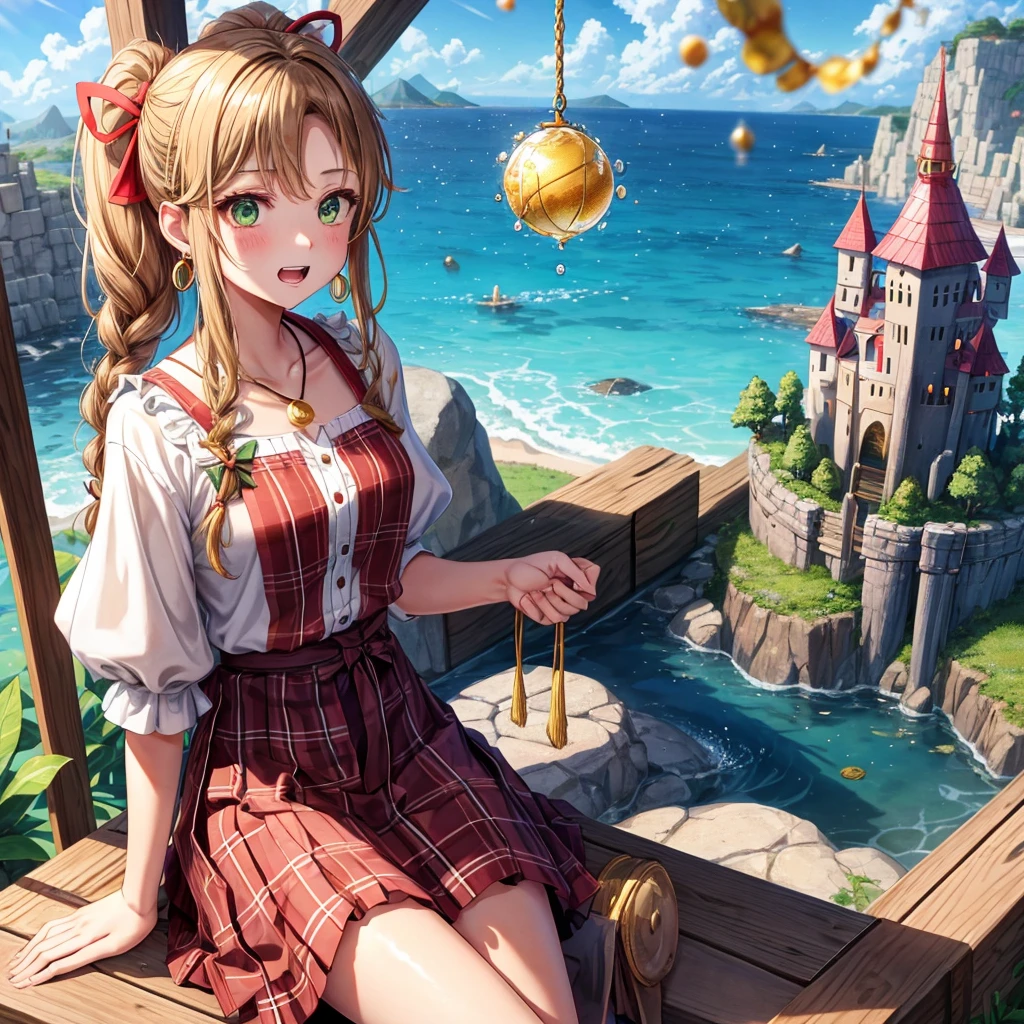 reddish-brown blonde、green eyes、Braid、ponytail、one good looking girl、solo、anime、plaid mini skirt、the skirt has buttons、camisole、black t-shirt、dress、wearing a ribbon、ribbon at waist、cloak、Crystal Grotto、hood、desert、clouds are swirling、stone slabs are piled up、one hand raised、Wearing a baseball cap 、crystal earrings、sun、sitting、gold coins are falling、teeth are visible、splash of water、monster castle、have a world map、bow、Swing、ceiling、frying pan
