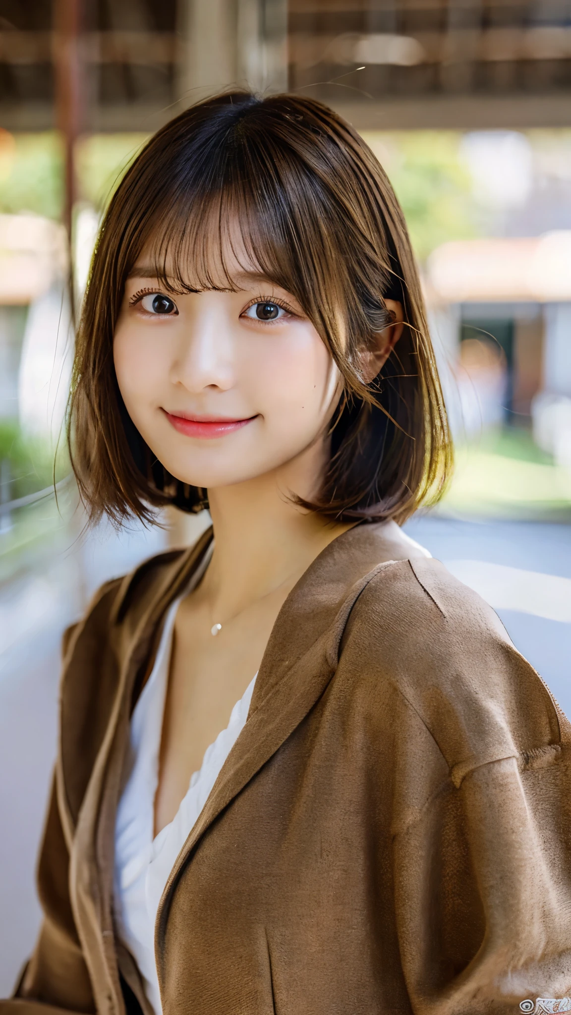 (masterpiece:1.3), (8K, Photoreal, Raw photo, best image quality: 1.4), Japanese high school girl、(random hairstyle:1.2)、cleavage:1.4、super detail face、eye for details、double eyelid、sharp focus:1.2、Beautiful woman:1.4、light brown hair、highest quality、masterpiece、Super high resolution、(Photoreal:1.4)、Half Smile、thin、short haired、Skort