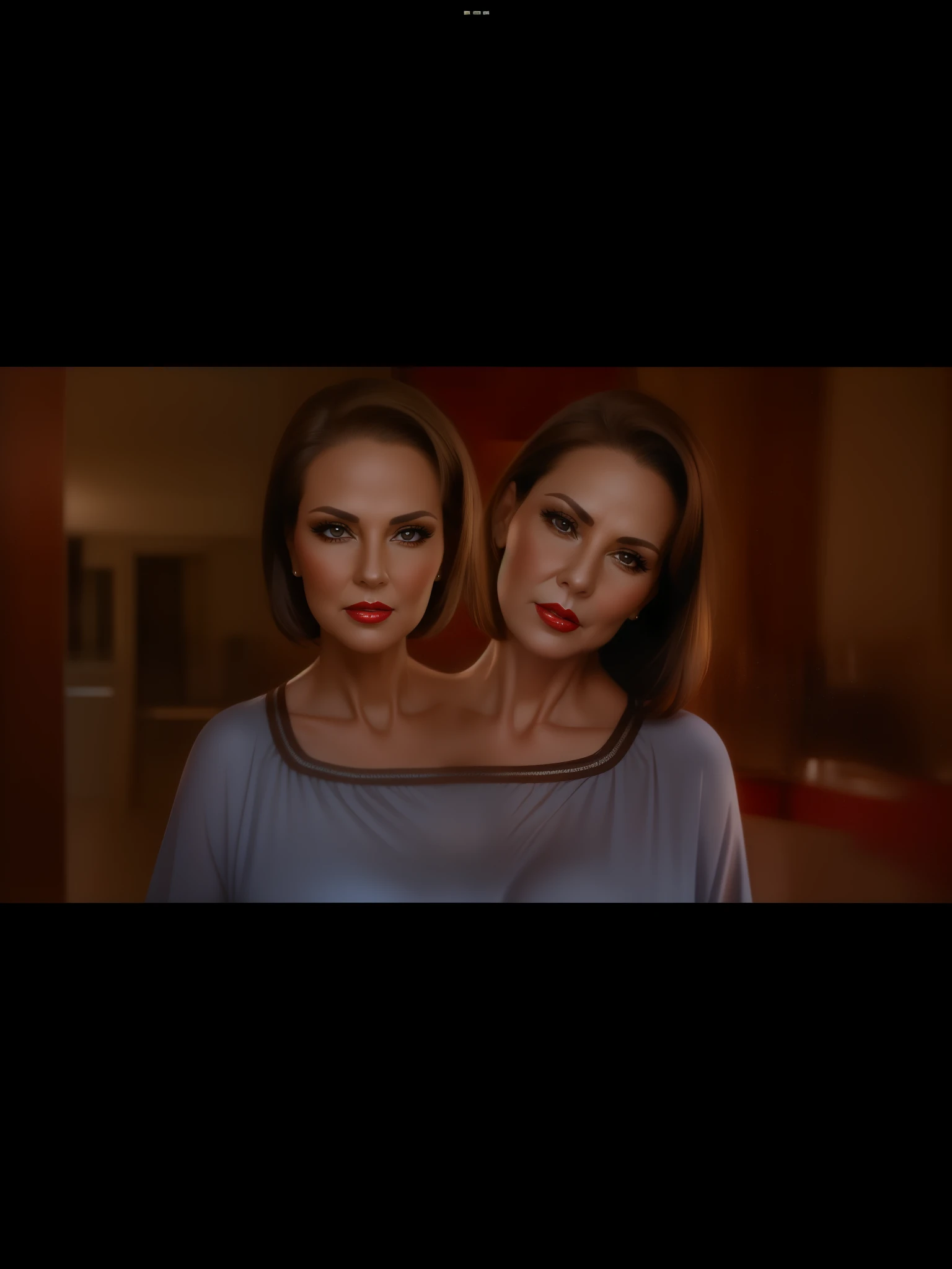 2 heads,Portrait of a 60 year old woman with short brown hair, captivating gaze, brown eyes, wrinkles on her face, black pantyhose,high heel boots,reveal her big saggy breasts, light makeup and red lips. 32K