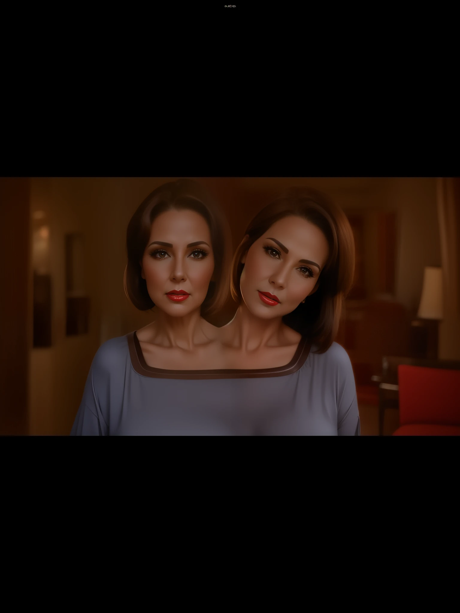 2 heads,Portrait of a 60 year old woman with short brown hair, captivating gaze, brown eyes, wrinkles on her face, black pantyhose,high heel boots,reveal her big saggy breasts, light makeup and red lips. 32K