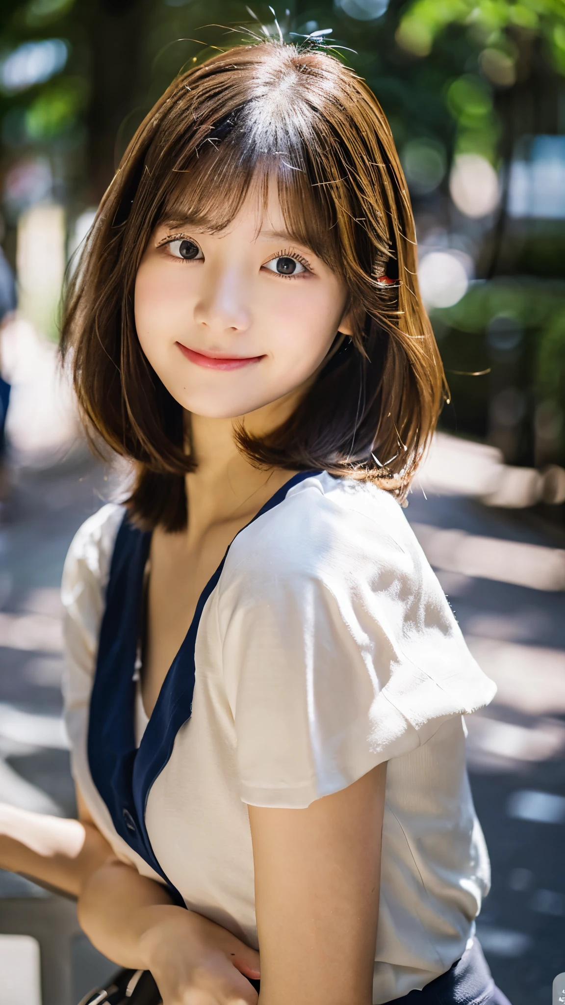 (masterpiece:1.3), (8K, Photoreal, Raw photo, best image quality: 1.4), Japanese high school girl、(random hairstyle:1.2)、cleavage:1.4、super detail face、eye for details、double eyelid、sharp focus:1.2、Beautiful woman:1.4、light brown hair、highest quality、masterpiece、Super high resolution、(Photoreal:1.4)、Half Smile、thin、short haired、Skort