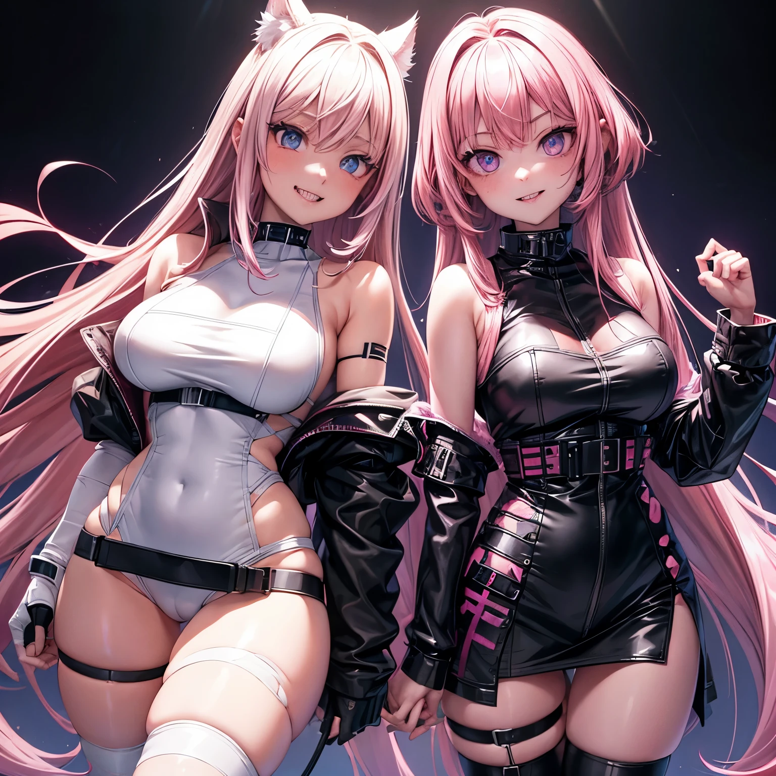 2 girls, short ash wolfcut, long pink hair, blush, teeth smile, cyber, torn belted white bodysuit, black robe, cyber rifle, cyber greatsword, mini belted skirts, brown eyes, blue eyes, arm scars, thigh scars, tongue out, sharp teeth pale skin, tanned skin, big breasts, flat chest, neon purple colours