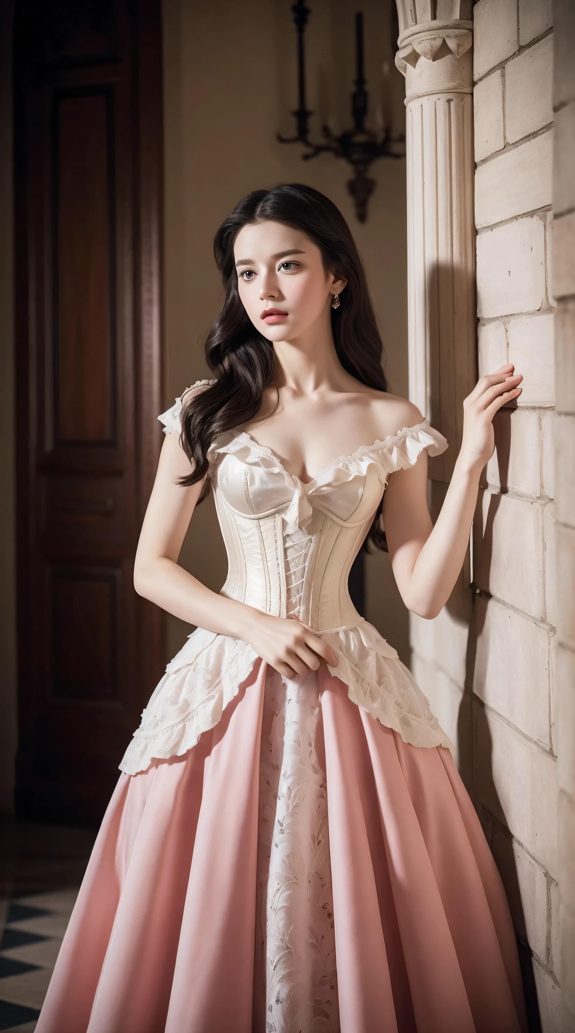 Masterpiece, perfect long legs, corset, large pink and white Victorian dress, wavy black hair, blue eyes, inside a castle, standing, elegant, small pointy nose, pretty, princess