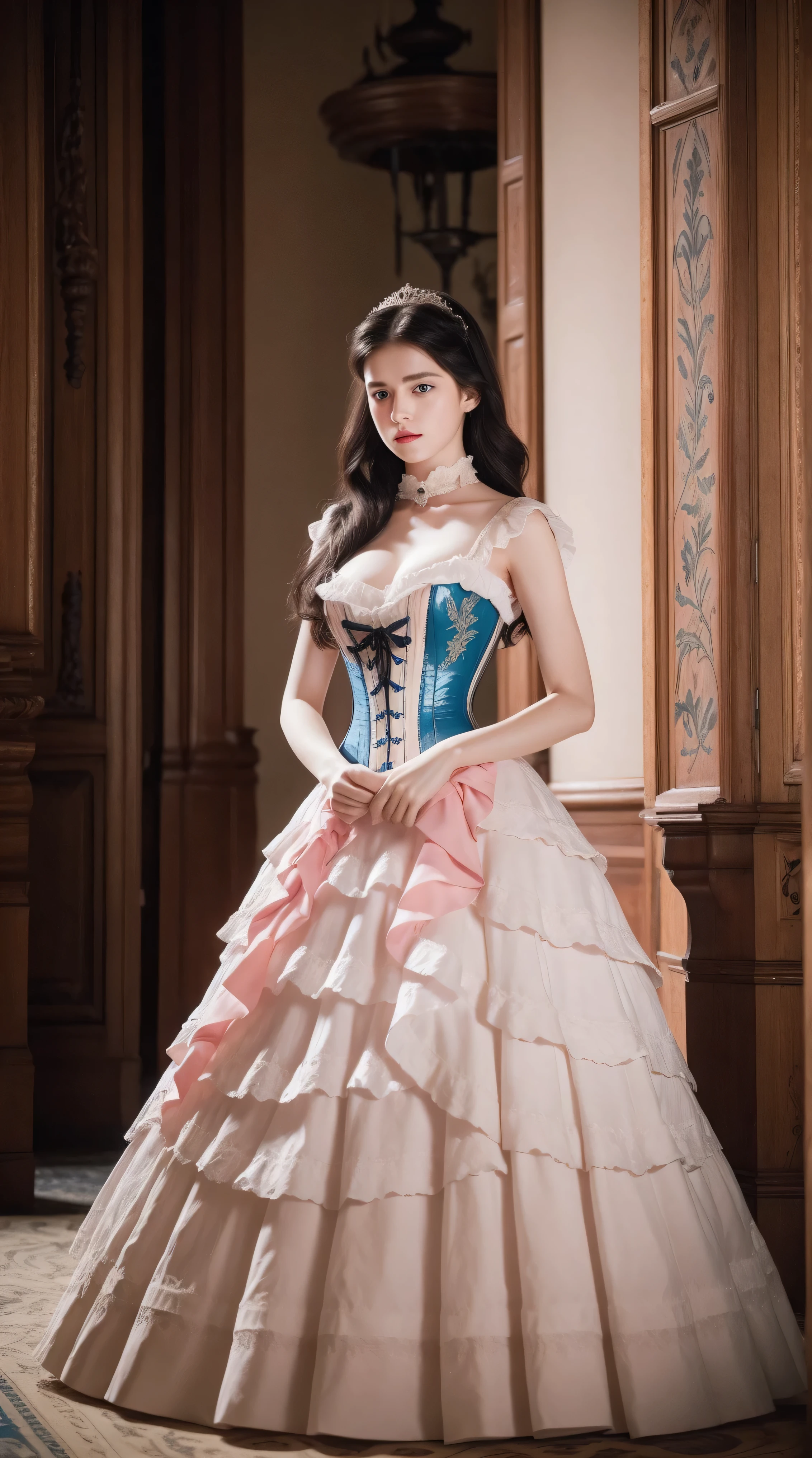 Masterpiece, perfect long legs, corset, large pink and white Victorian dress, wavy black hair, blue eyes, inside a castle, standing, elegant, small pointy nose, pretty, princess