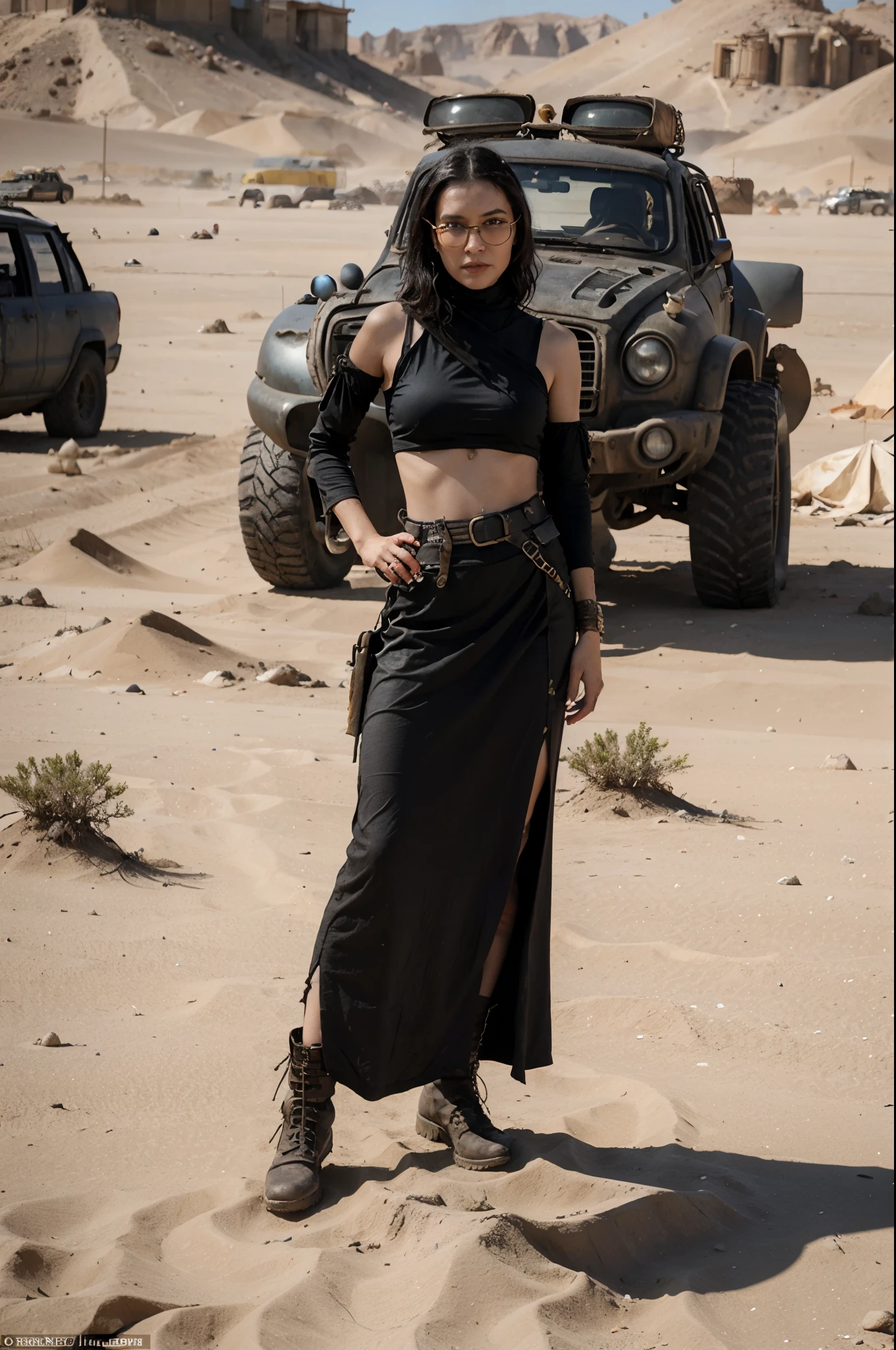 European woman in a long skirt and glasses stands in the desert, black wavy hair, short hairstyle, Sci-fi Tibetan fashion, post-apocalyptic outfit, Mad Max style, Смесь стилей Burning Man, postapocalyptic style, in apocalyptic clothes, in a post apocalyptic setting, dune style, Mighty princess of the wasteland, The Evil Princess of the Wasteland, Mad Max Fury Road Style
