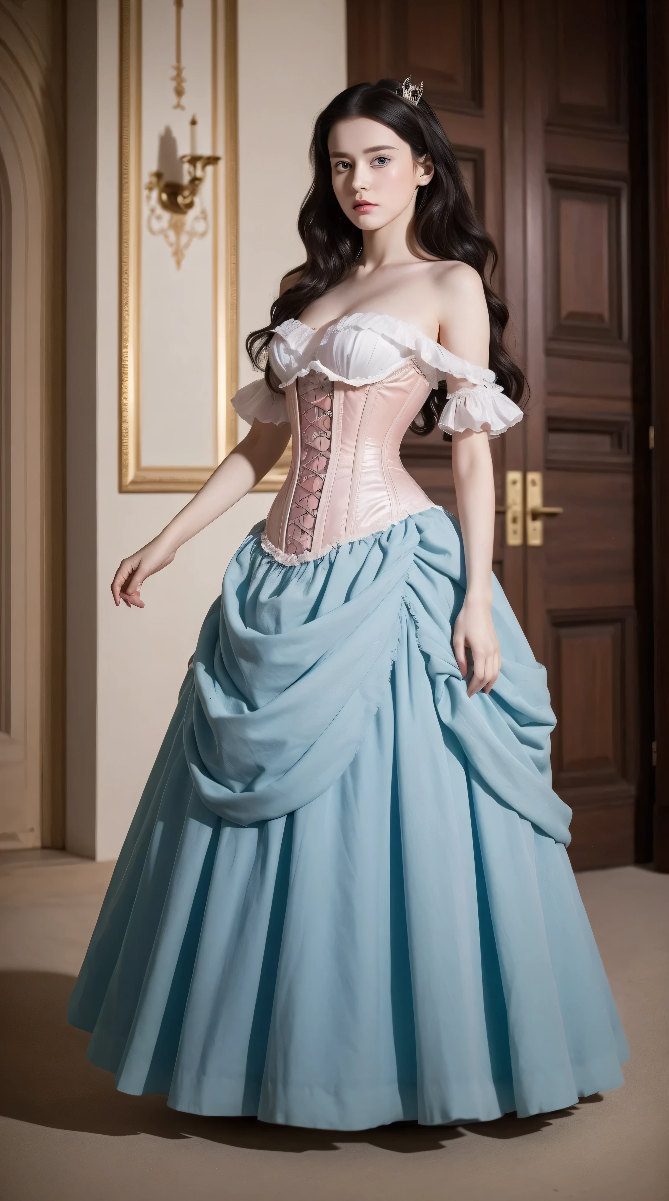 Masterpiece, perfect long legs, corset, large pink and white Victorian dress, wavy black hair, blue eyes, inside a castle, standing, elegant, small pointy nose, pretty, princess