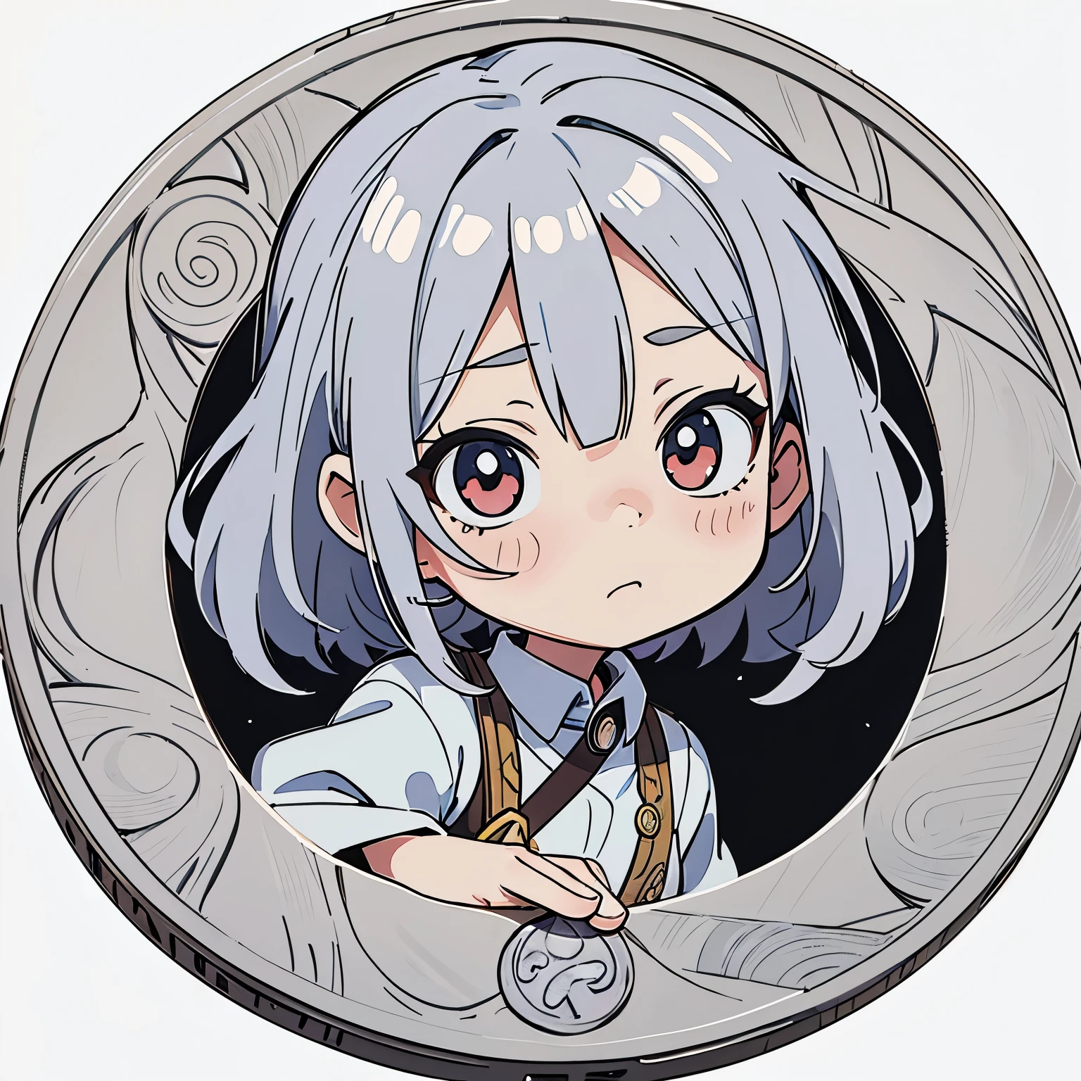 a silver coin with a hand-painted anime character on its front. The chibi girl's deformed features and playful expression make this coin a unique and captivating piece of art. The level of detail in this image will leave you in awe.