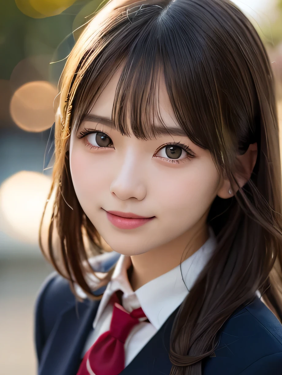 table top, highest quality, super detailed, finely, High resolution, 8k wallpaper, perfect dynamic composition, 1 girl, japanese girl, enchanting smile, smile shyly, beautiful, Very good-looking, cute like a doll, female idol, round big eyes, droopy eyes, small nostrils, 緻密でbeautiful目,  natural lip,blazer ,school uniform, big breasts, bust shot, soft light, using a reflector, (50mm lens:1.3), f/1.4, (Bokeh:1.4), (blurred background:1.4),