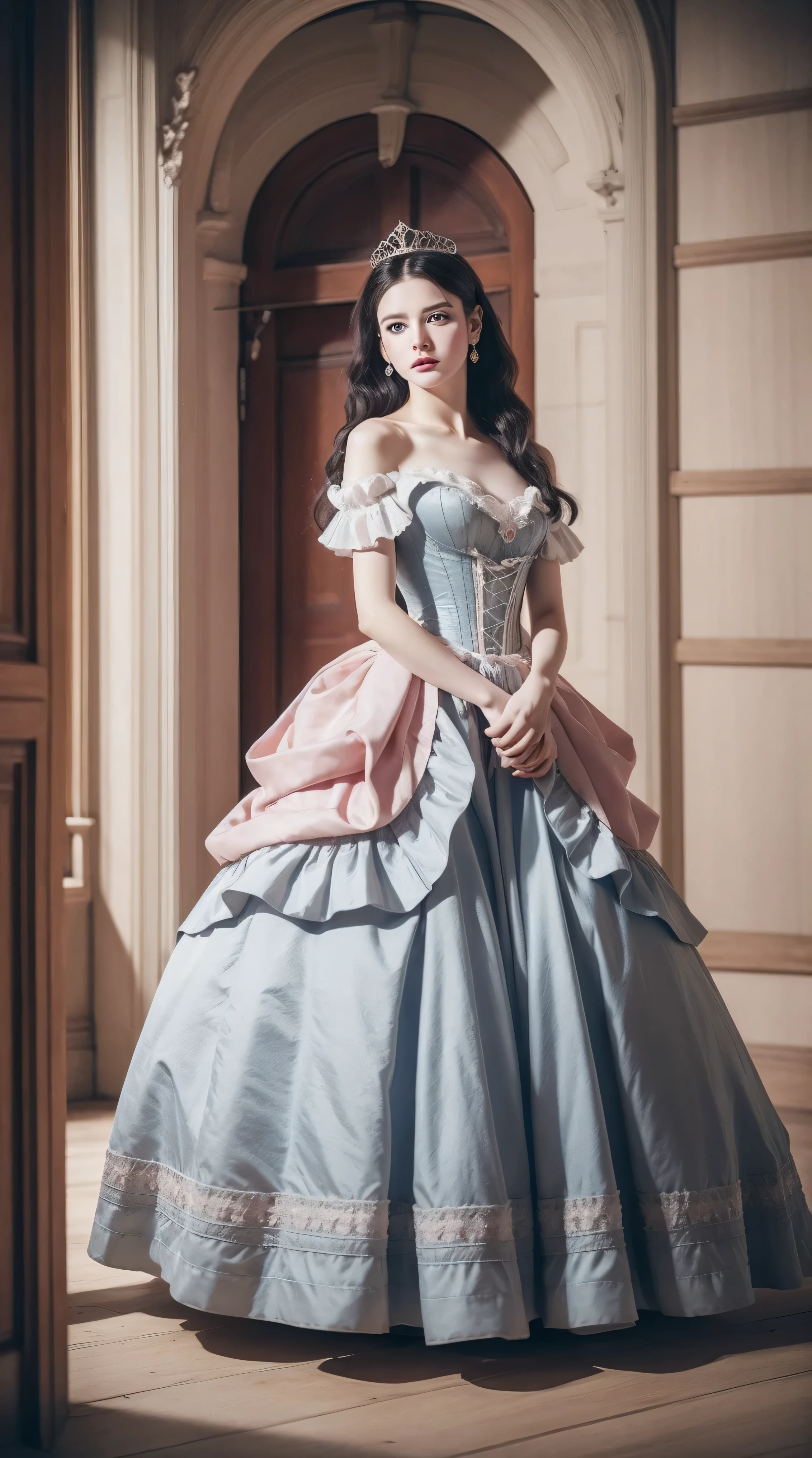 Masterpiece, perfect long legs, corset, large pink and white Victorian dress, wavy black hair, blue eyes, inside a castle, standing, elegant, small pointy nose, pretty, princess