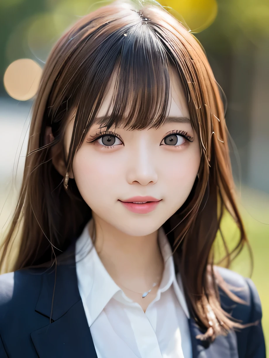 table top, highest quality, super detailed, finely, High resolution, 8k wallpaper, perfect dynamic composition, 1 girl, japanese girl, enchanting smile, smile shyly, beautiful, Very good-looking, cute like a doll, female idol, round big eyes, droopy eyes, small nostrils, 緻密でbeautiful目, natural lip,blazer ,school uniform, big breasts, bust shot, soft light, using a reflector, (50mm lens:1.3), f/1.4, (Bokeh:1.4), (blurred background:1.4),
