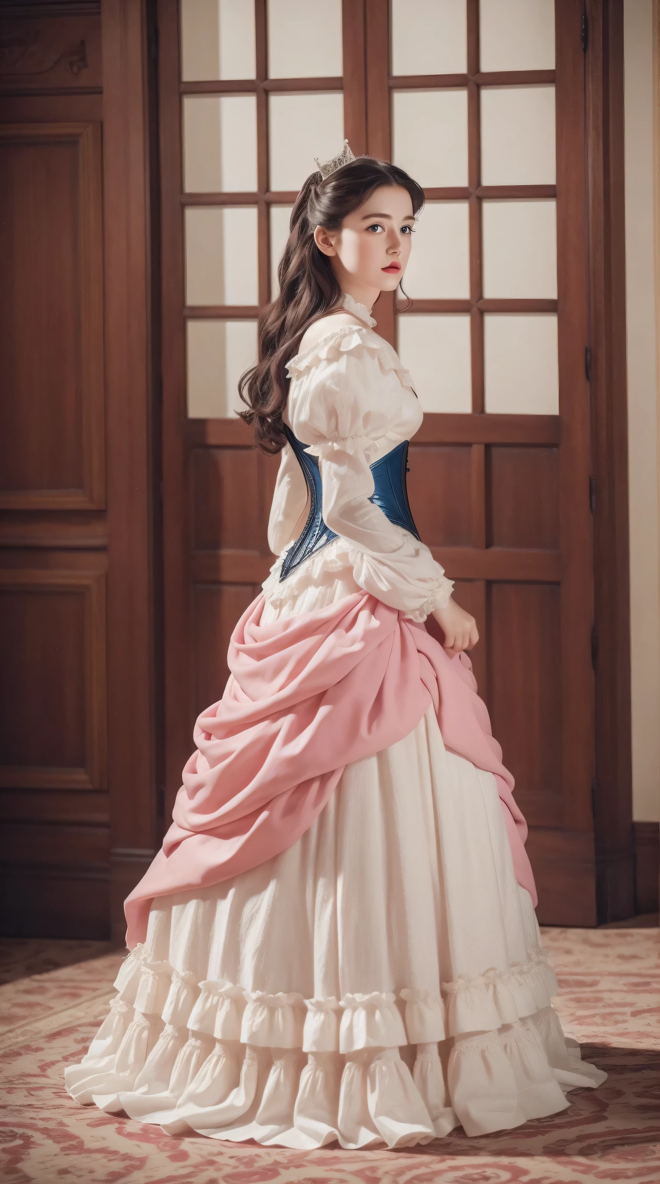 Masterpiece, perfect long legs, corset, large pink and white Victorian dress, wavy black hair, blue eyes, inside a castle, standing, elegant, small pointy nose, pretty, princess