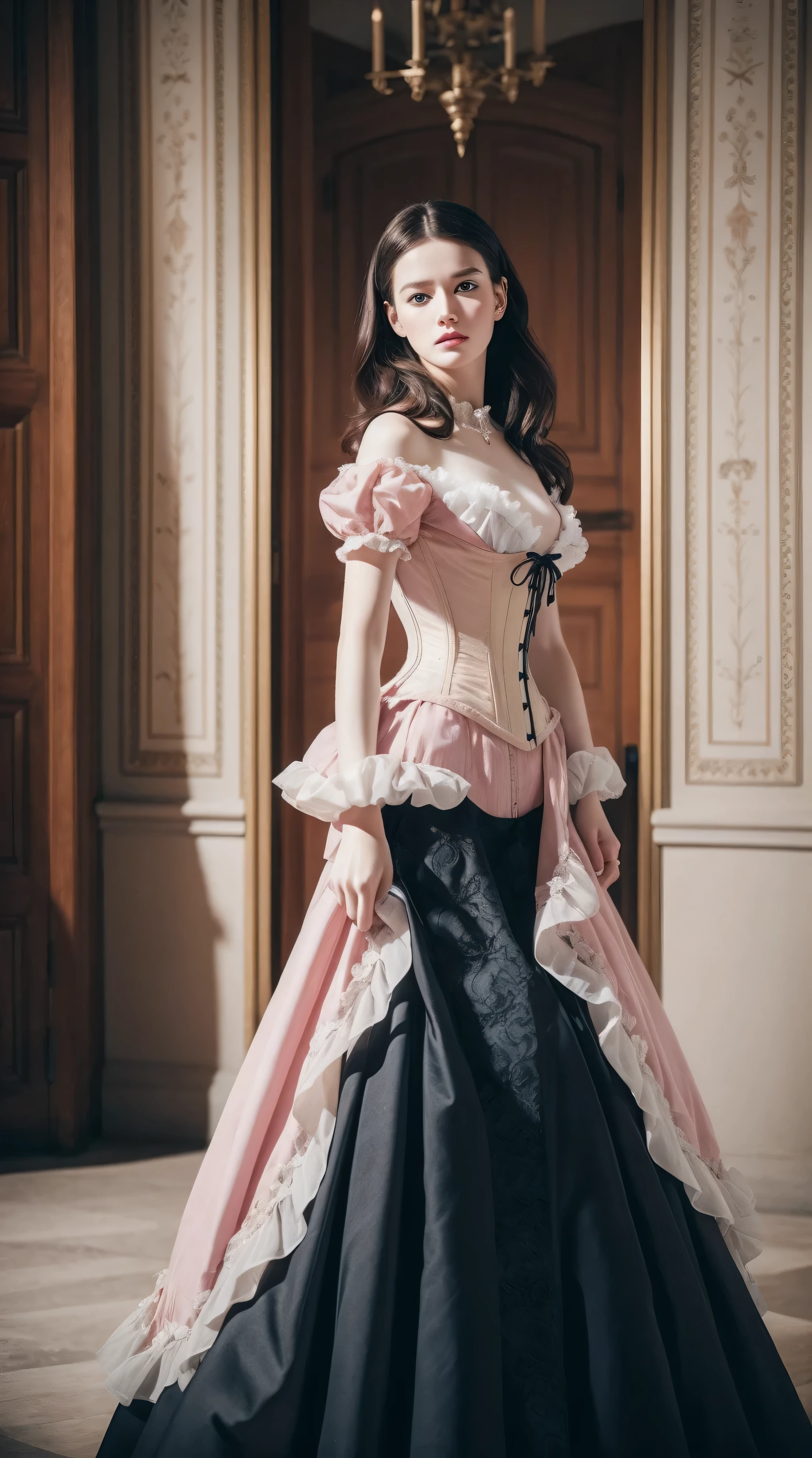 Masterpiece, perfect long legs, corset, large pink and white Victorian dress, wavy black hair, blue eyes, inside a castle, standing, elegant, small pointy nose, pretty, princess