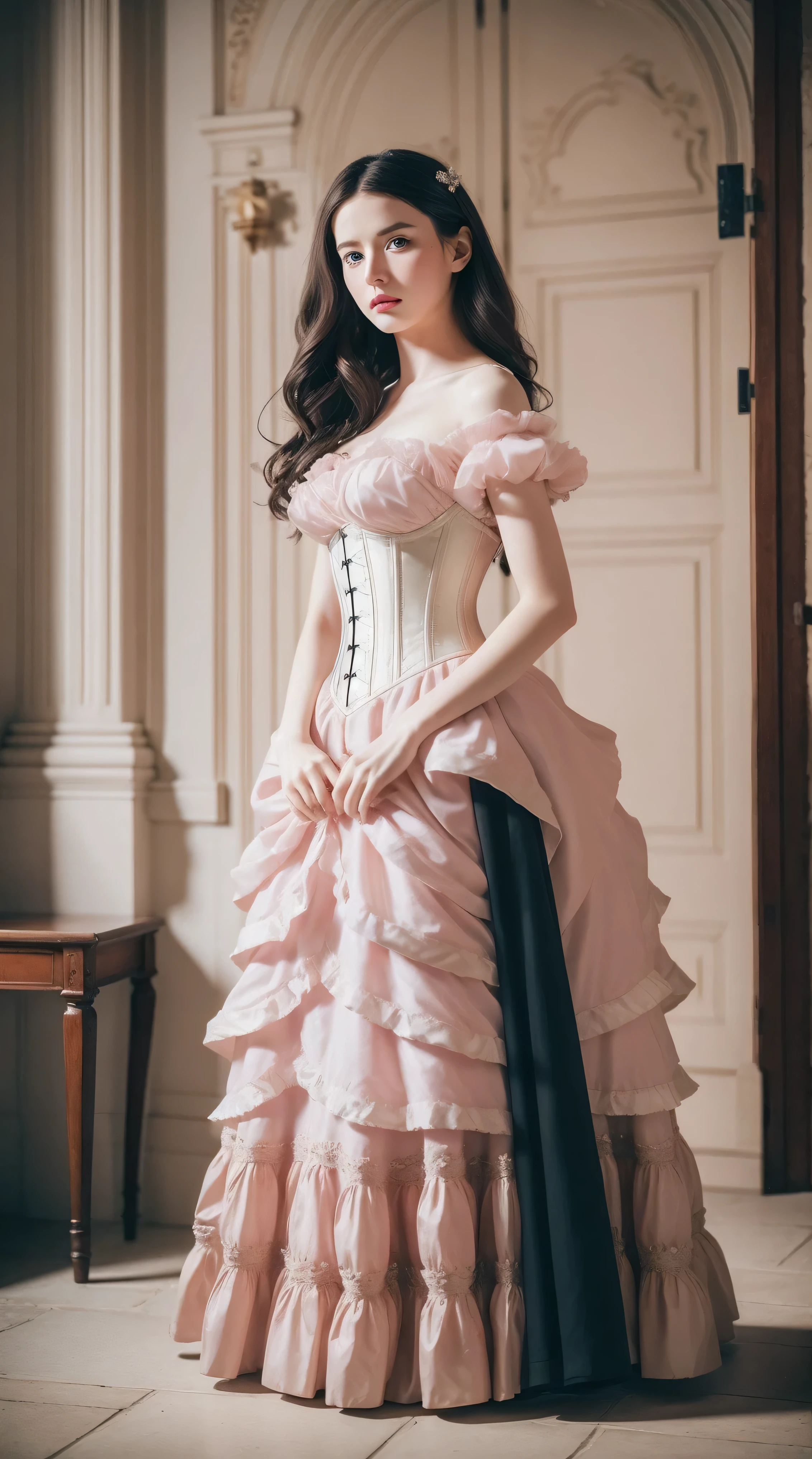 Masterpiece, perfect long legs, corset, large pink and white Victorian dress, wavy black hair, blue eyes, inside a castle, standing, elegant, small pointy nose, pretty, princess