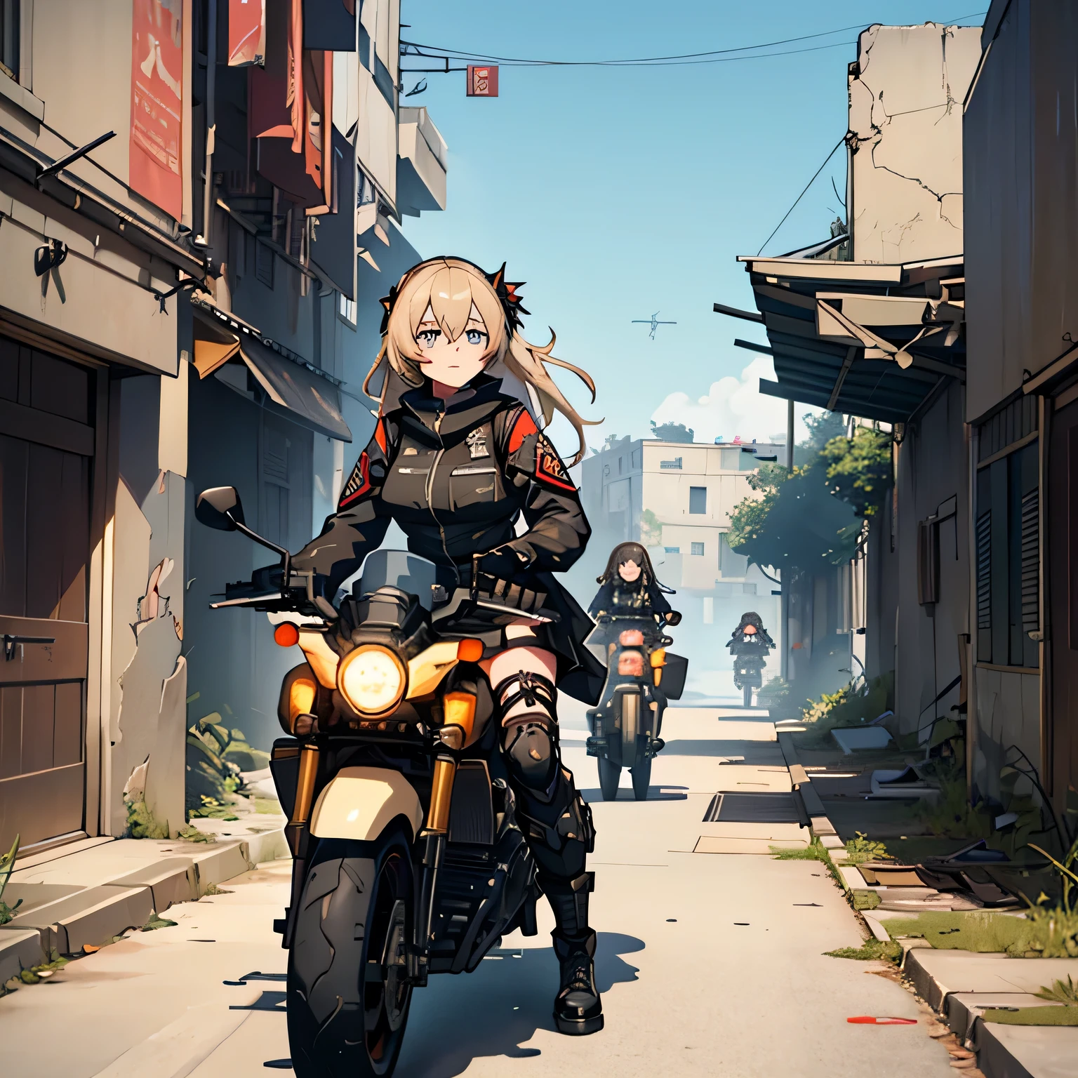 （Anime girl riding a motorcycle in the ruins）, girls front line style, From Dolls Frontline, small details. girls frontline, girls frontline, Dolls Frontline CG, woman&#39;last tour, M4 SOPMOD II Dolls Frontline, anime maid ss military, girls frontline universe, mechanized soldier girl, Majora、lieutenant colonel、Girls Moon、start of battle！