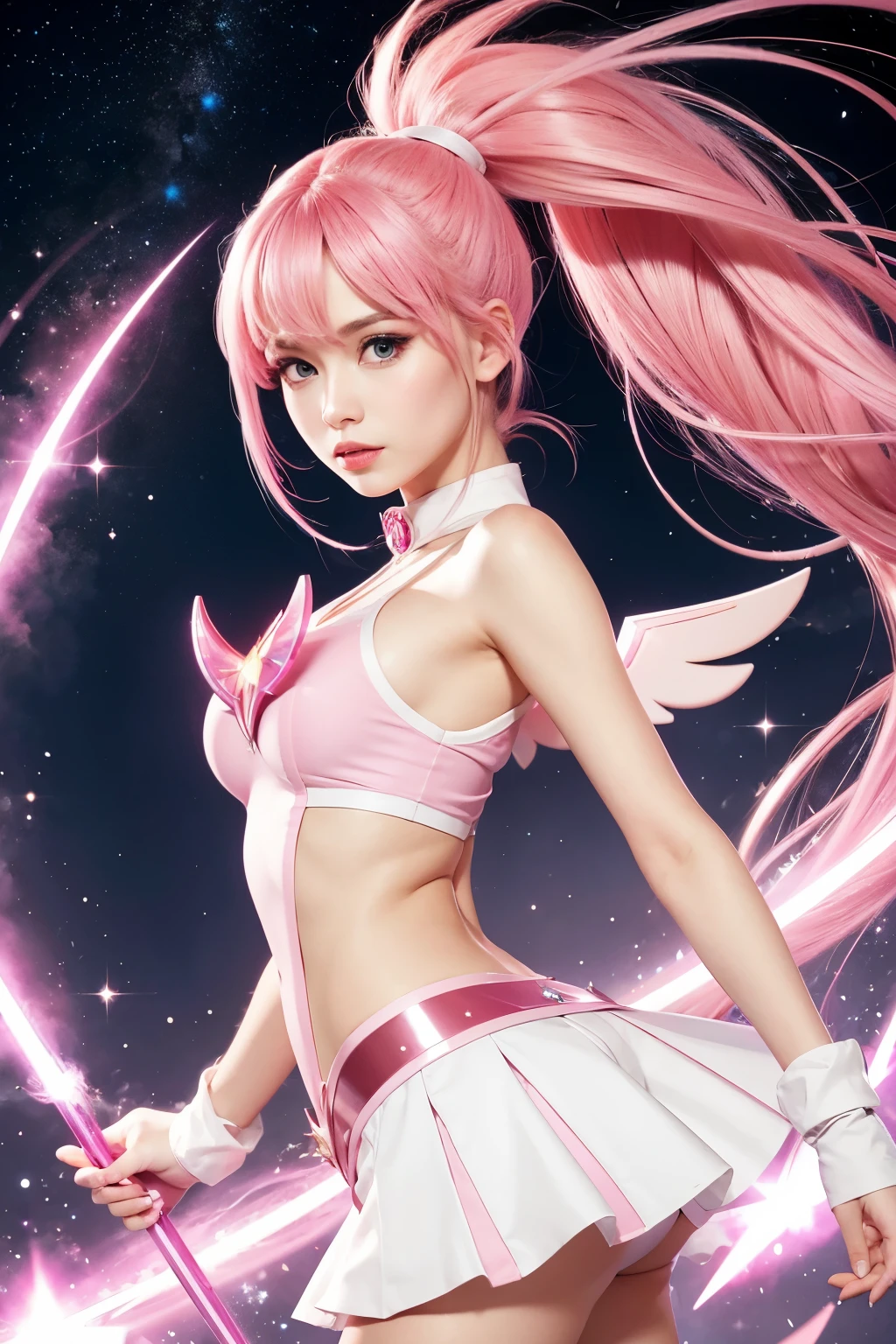 face focus, young woman, pink hair, stelar, star guardian, white and pink clothes, star magical cane, two lateral ponytails, vivid pink effects, super powers