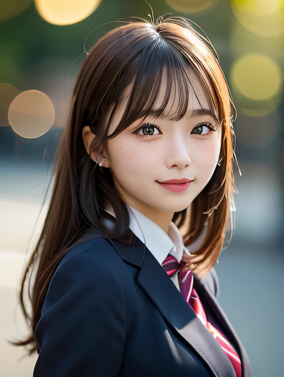 table top, highest quality, super detailed, finely, High resolution, 8k wallpaper, perfect dynamic composition, 1 girl, japanese girl, enchanting smile, smile shyly, beautiful, Very good-looking, cute like a doll, female idol, round big eyes, droopy eyes, small nostrils, 緻密でbeautiful目,  natural lip,blazer ,school uniform, big breasts, bust shot, soft light, using a reflector, (50mm lens:1.3), f/1.4, (Bokeh:1.4), (blurred background:1.4),