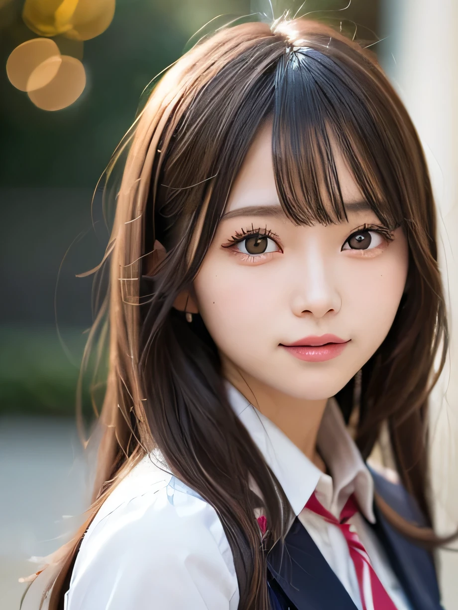 table top, highest quality, super detailed, finely, High resolution, 8k wallpaper, perfect dynamic composition, 1 girl, japanese girl, enchanting smile, smile shyly, beautiful, Very good-looking, cute like a doll, female idol, round big eyes, droopy eyes, small nostrils, 緻密でbeautiful目, natural lip,blazer ,school uniform, big breasts, bust shot, soft light, using a reflector, (50mm lens:1.3), f/1.4, (Bokeh:1.4), (blurred background:1.4),