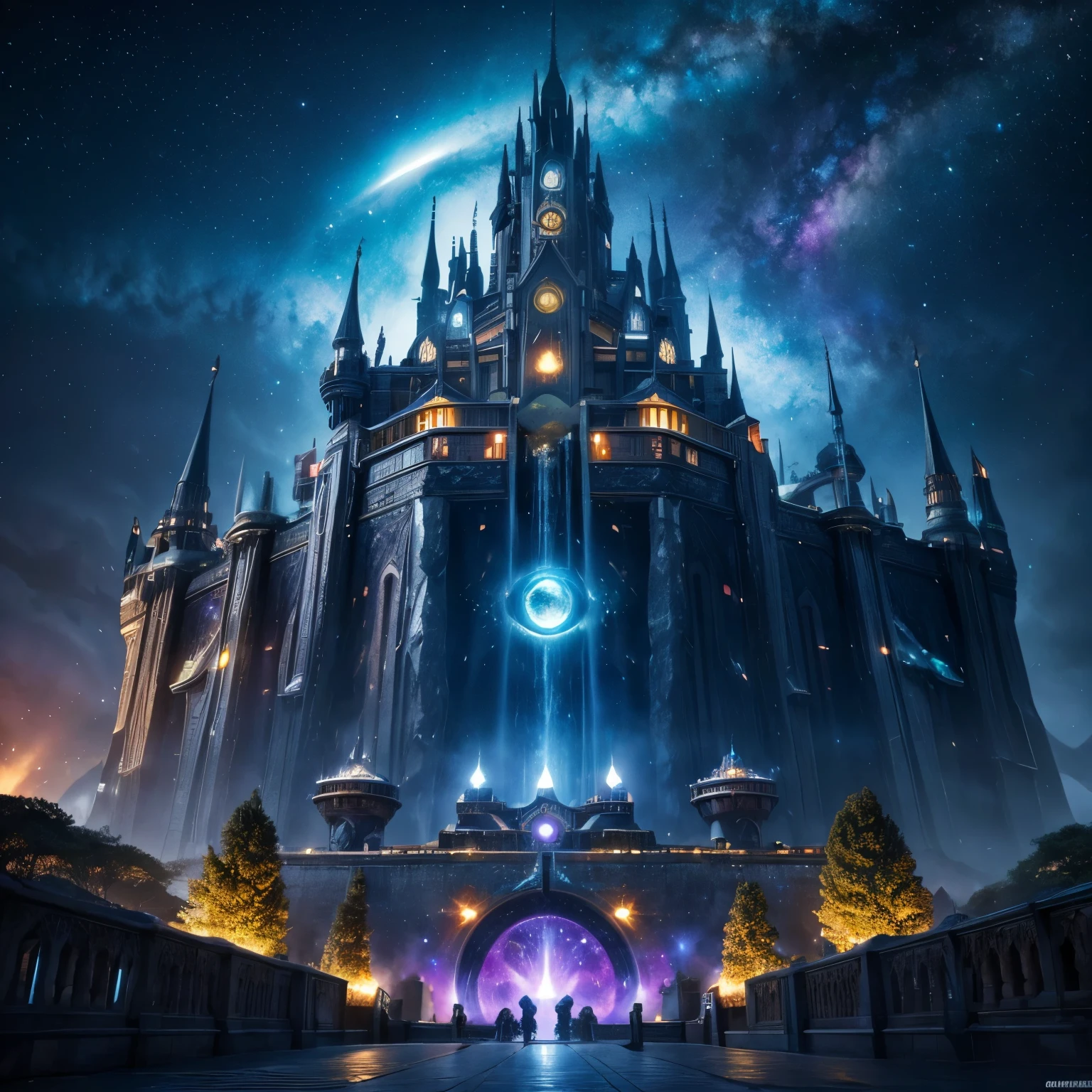 Sci fi City with a lot of Hubway, Surrounding by celestial Waterfall and Garden, Big castle In the Middle, Destiny The Witch Queen Theme Environment, highly epic detailed geometric futuristic:1.5), centered, Wide Angle of an Insanely colorful epic realistic, Galaxy sky, Gate Of Magic Circle