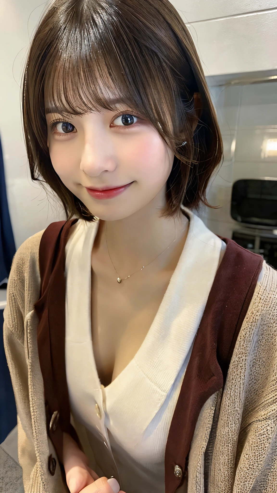 (masterpiece:1.3), (8K, Photoreal, Raw photo, best image quality: 1.4), Japanese high school girl、(random hairstyle:1.2)、cleavage:1.4、super detail face、eye for details、double eyelid、sharp focus:1.2、Beautiful woman:1.4、light brown hair、highest quality、masterpiece、Super high resolution、(Photoreal:1.4)、Half Smile、thin、short haired、Coat