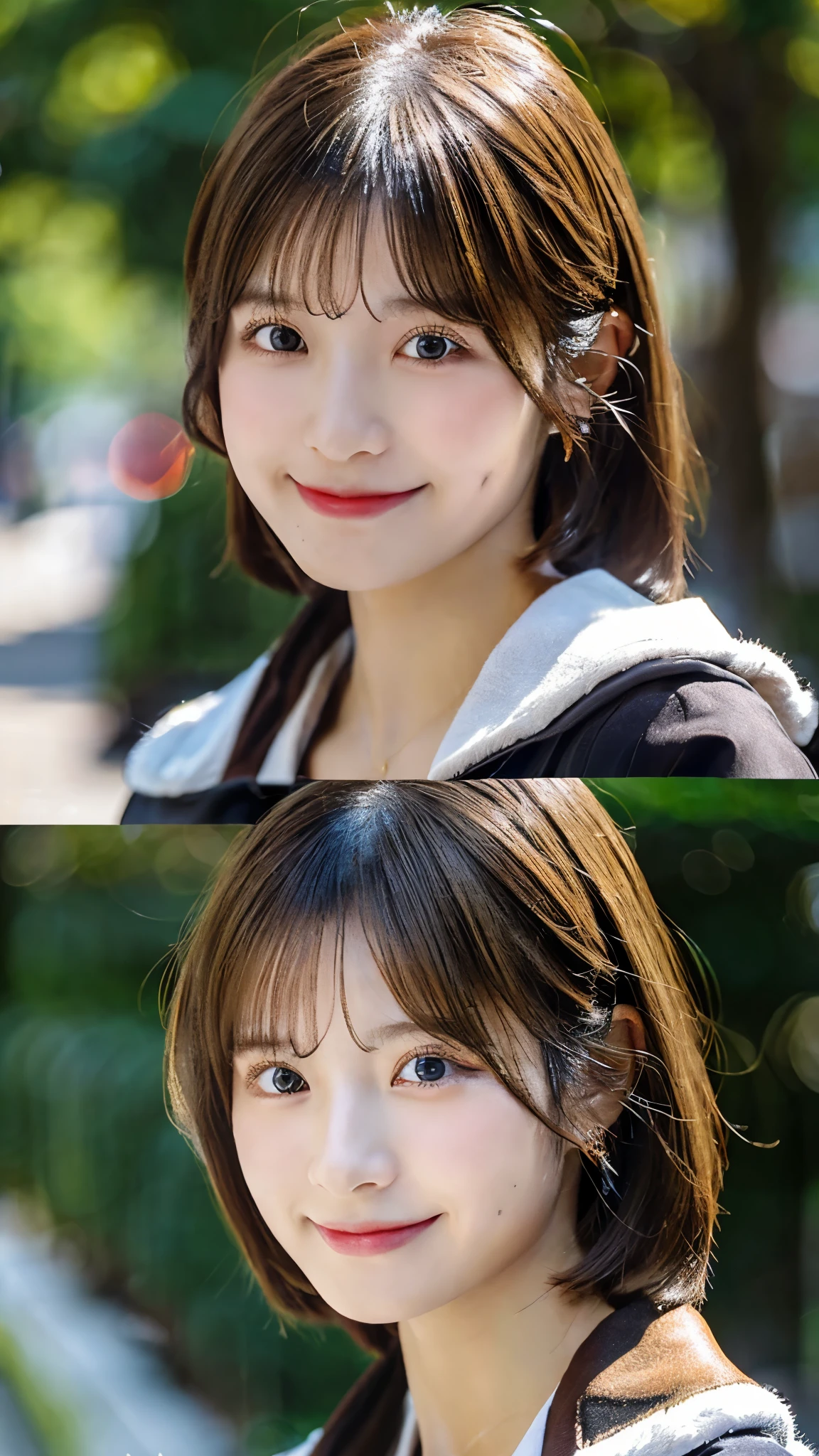 (masterpiece:1.3), (8K, Photoreal, Raw photo, best image quality: 1.4), Japanese high school girl、(random hairstyle:1.2)、cleavage:1.4、super detail face、eye for details、double eyelid、sharp focus:1.2、Beautiful woman:1.4、light brown hair、highest quality、masterpiece、Super high resolution、(Photoreal:1.4)、Half Smile、thin、short haired、Coat