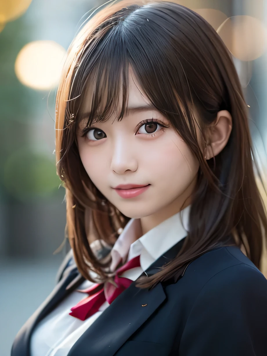 table top, highest quality, super detailed, finely, High resolution, 8k wallpaper, perfect dynamic composition, 1 girl, japanese girl, enchanting smile, smile shyly, beautiful, Very good-looking, cute like a doll, female idol, round big eyes, droopy eyes, small nostrils, 緻密でbeautiful目, natural lip,blazer ,school uniform, big breasts, bust shot, soft light, using a reflector, (50mm lens:1.3), f/1.4, (Bokeh:1.4), (blurred background:1.4),