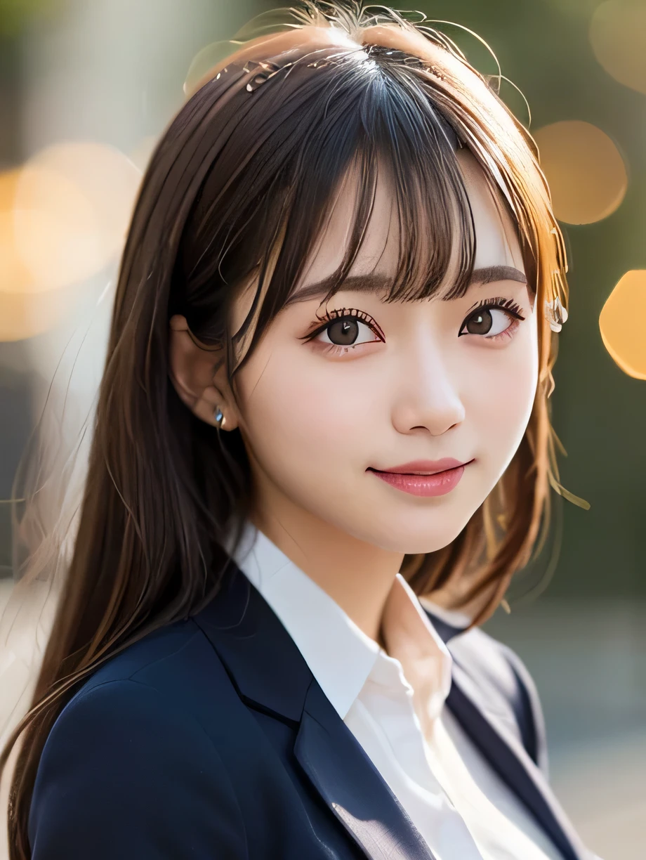 table top, highest quality, super detailed, finely, High resolution, 8k wallpaper, perfect dynamic composition, 1 girl, japanese girl, enchanting smile, smile shyly, beautiful, Very good-looking, cute like a doll, female idol, round big eyes, droopy eyes, small nostrils, 緻密でbeautiful目, natural lip,blazer ,school uniform, big breasts, bust shot, soft light, using a reflector, (50mm lens:1.3), f/1.4, (Bokeh:1.4), (blurred background:1.4),