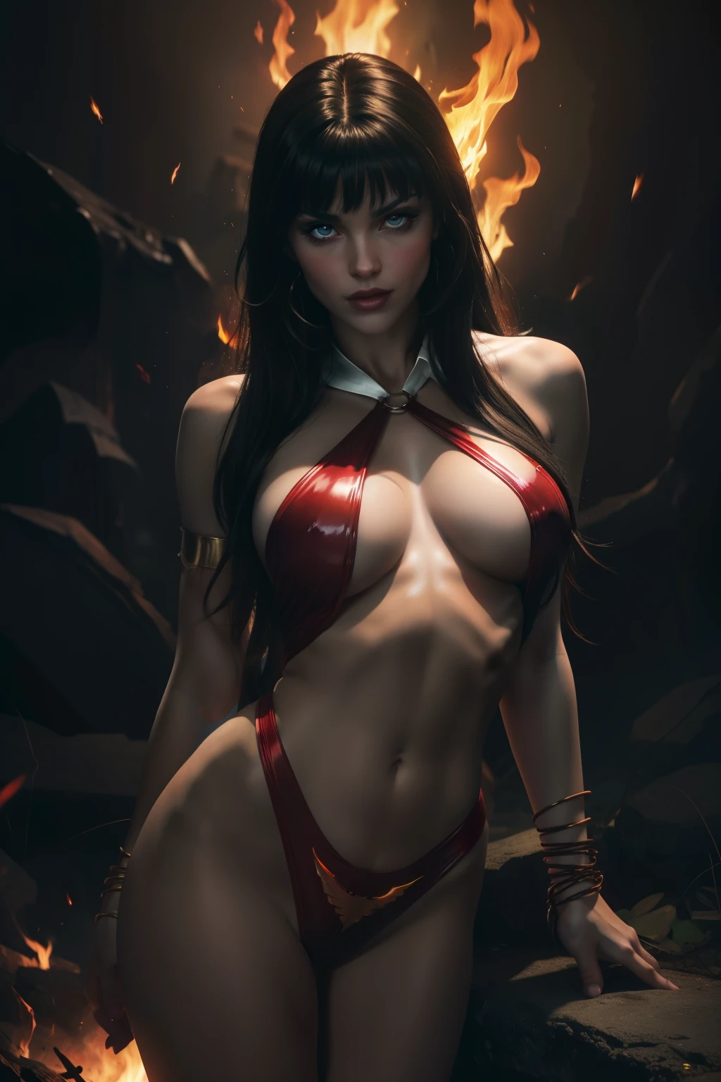 sexy Vampirella, who wears a deep V red swimsuit, Flames of Hell, hell background, Demons and fire, fettige, shiny skin, Rote Augen) athletic and fit body, Frech, nuttig, perfect hands, detaillierte Zeiger, perfekte Augen, detaillierte Augen, flirtend, sexy, Frech, big cheeky , Realistisch, hdr, UHD, Dynamisch, Vorderansicht, Dark outside. Mondlicht, glowing Rote Augen
