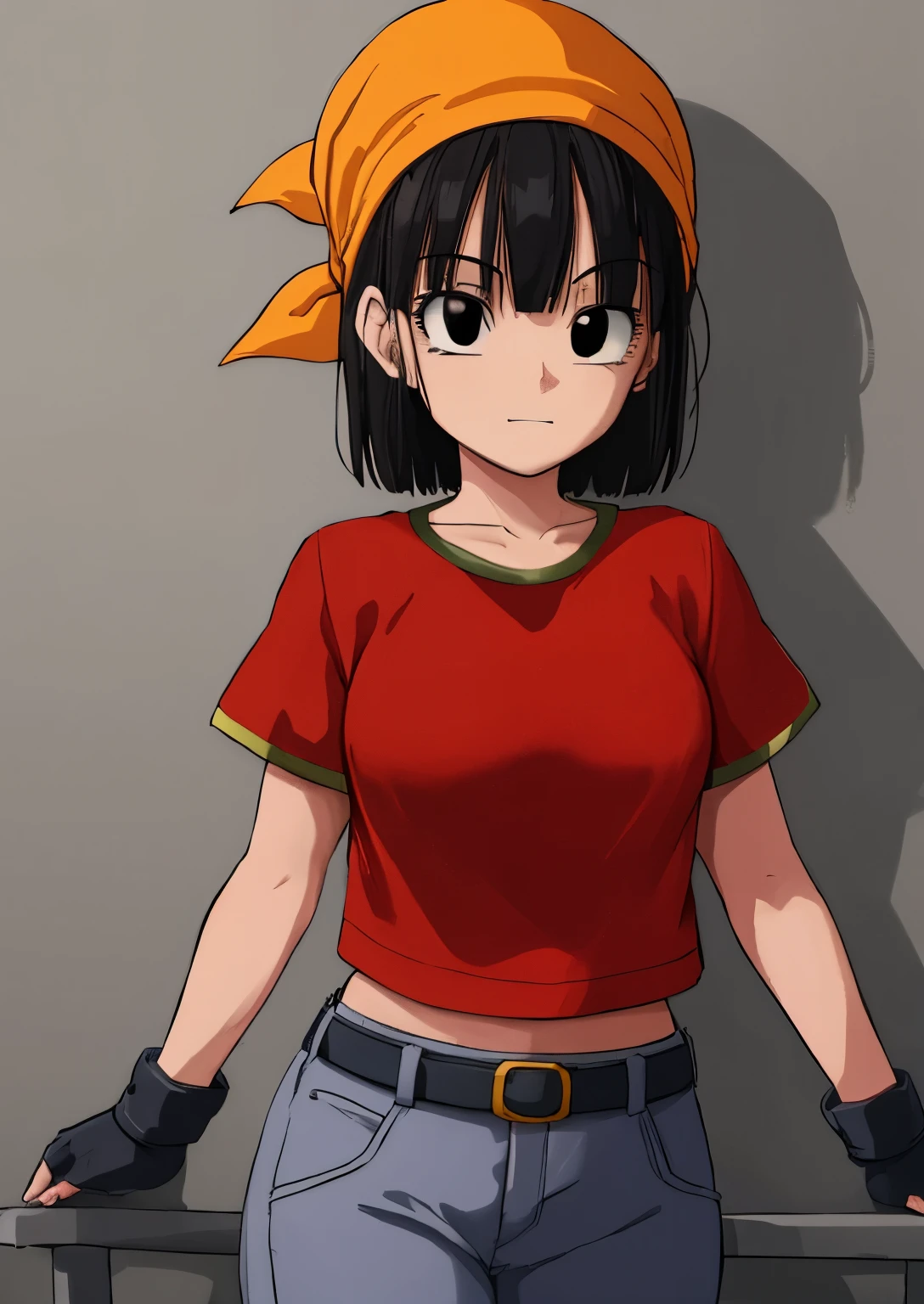 masterpiece, best quality, highest quality, photorealistic, perfect anatomy, perfect face, perfect eyes,
pandballgt, 1girl, black eyes, black hair, short hair, orange bandana, pants, fingerless gloves, red shirt tetas con una altura de 2 y 1.2 centímetros y un grosor de 1.2 centímetros