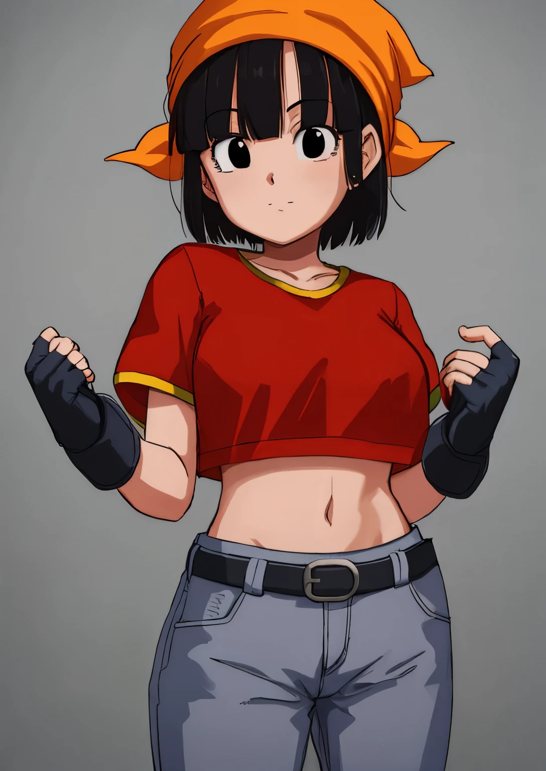 masterpiece, best quality, highest quality, photorealistic, perfect anatomy, perfect face, perfect eyes,
pandballgt, 1girl, black eyes, black hair, short hair, orange bandana, pants, fingerless gloves, red shirt tetas con una altura de 2 y 1.2 centímetros y un grosor de 1.2 centímetros