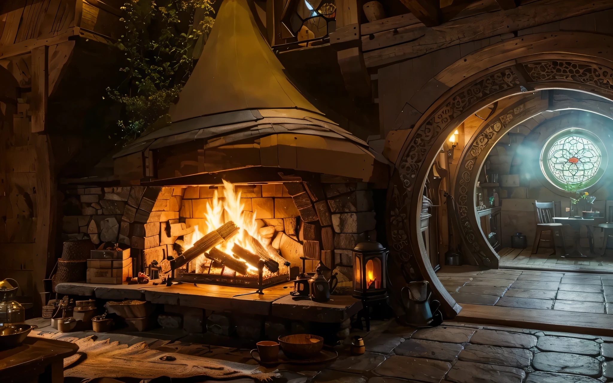 grande lareira na casa de madeira do hobbit. Uma sala cheia de objetos, uma mesa com mercadorias, kettle and cup of coffee, uma estante ao lado da lareira, e no final, um lindo vitral, uma sala de objetos detalhados (Do it better, MAIS DETALHADO)
