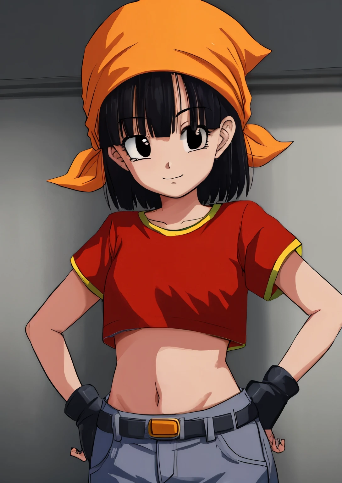 pandballgt,1girl, black eyes, black hair, short hair, orange bandana, (white bra:1.6), fingerless gloves, red shirt, crop top,  female, round butt, open legs, (shirtlift), small breasts, evil grin