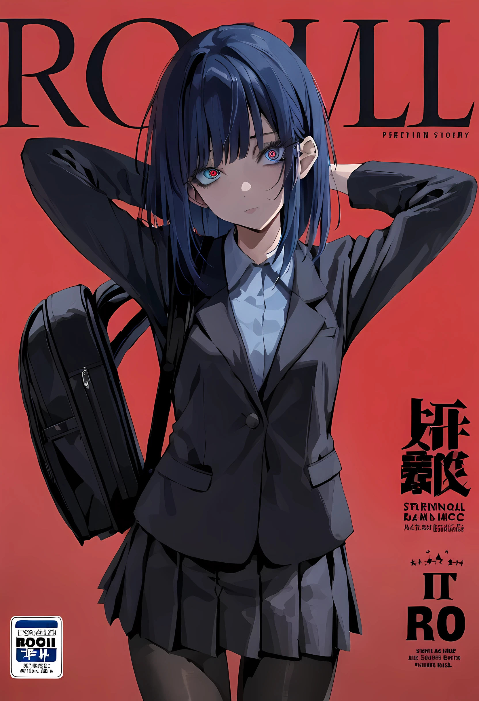 masterpiece, best quality, reze, detailed eyes, hands behind head:1.2, perfect hands, (magazine cover, bold letters, striking bold font, comic cover), wearing black backpack, cool expression, medium shot, 1girl, solo, negative space, red background, red background, wearing black backpack, a girl in a school uniform, detailed blue eyes:1, half closed eyes, detailed eyelashes, sharp eyes, dark royal blue hair, medium length hair, hair behind ear, side bangs, (black blazer, black pleated skirt, black tights), simple, facing viewer, manga illustration-style, bangs, 18 years old, rating: questionable, wearing black backpack, black straps:1, black blazer:1, long-sleeved blazer,
