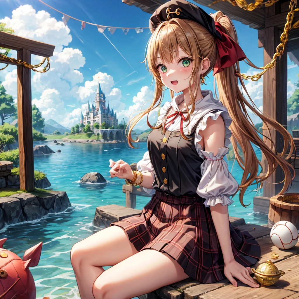 reddish-brown blonde、green eyes、ponytail、one good looking girl、solo、anime、plaid mini skirt、the skirt has buttons、camisole、black t-shirt、dress、wearing a ribbon、ribbon at waist、cloak、Crystal Grotto、hood、clouds are swirling、stone slabs are piled up、one hand raised、Wearing a baseball cap 、crystal earrings、sun、sitting、gold coins are falling、teeth are visible、splash of water、monster castle、have a world map、bow、Swing、ceiling、frying pan