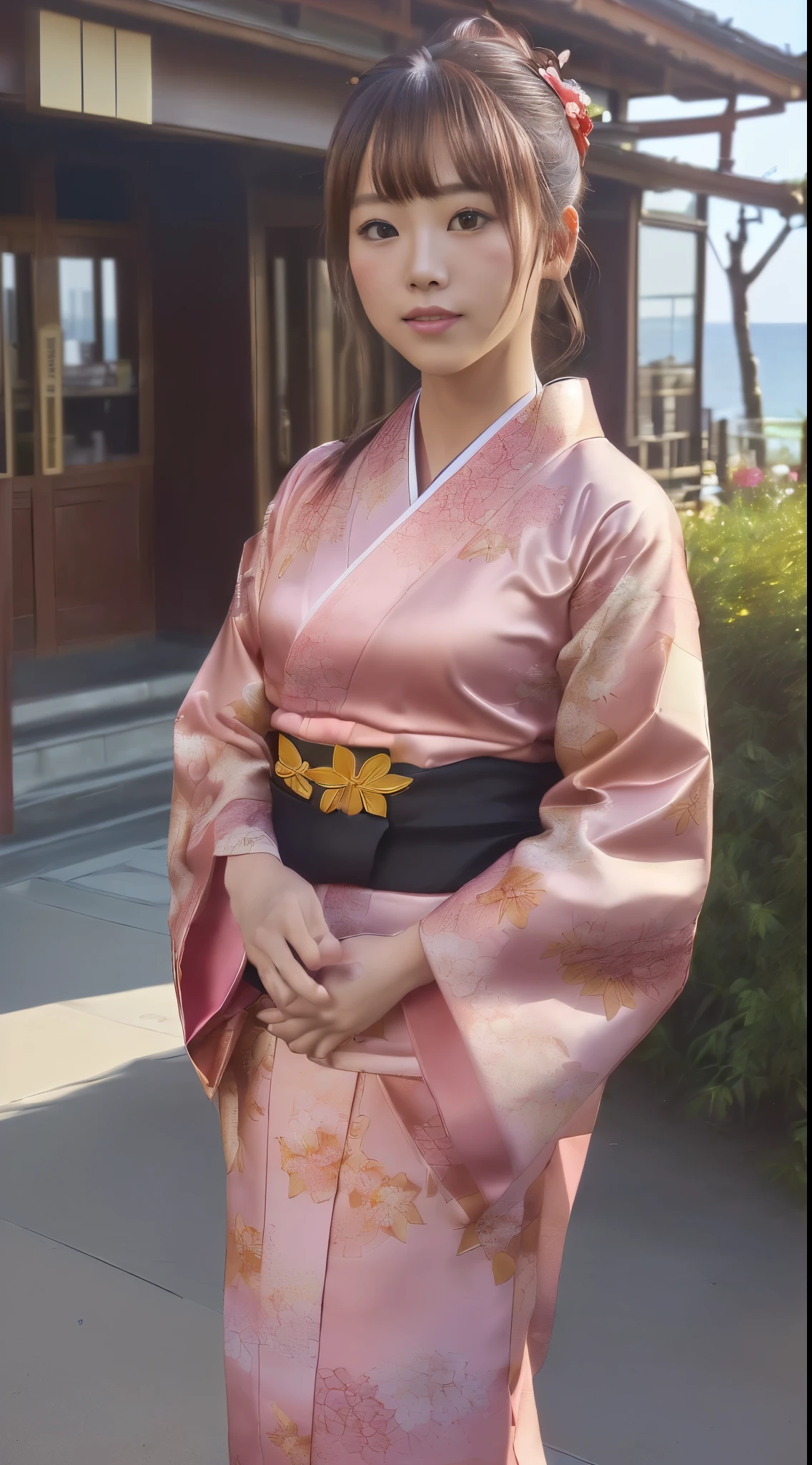 ((Masterpiece))、((((Highest image quality)))、((High resolution: 8192x8192 pixels)), ((High-definition CGUnity: 1.3))、solo ((一人)), wearing a ((pink floral kimono)), ((red obi: 3 cm wide)), outdoors,
The background is the area in front of a beautiful cafe by the sea. The sun is setting, casting a warm golden light over the scene.
((Facial details: 10 million polygons))、((Facial details: 10 million polygons)), chestnut-brown ((ウStripazorい)) ((ヘア