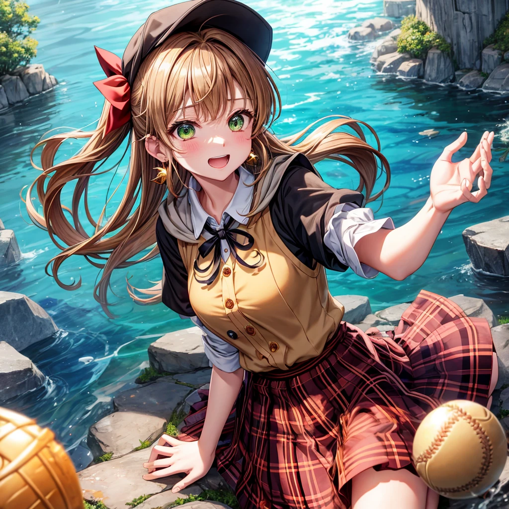 reddish-brown blonde、green eyes、ponytail、one good looking girl、solo、anime、plaid mini skirt、the skirt has buttons、camisole、black t-shirt、dress、wearing a ribbon、ribbon at waist、cloak、Crystal Grotto、hood、clouds are swirling、stone slabs are piled up、one hand raised、Wearing a baseball cap 、crystal earrings、sun、sitting、gold coins are falling、teeth are visible、splash of water、monster castle、have a world map、bow、Swing、ceiling、frying pan