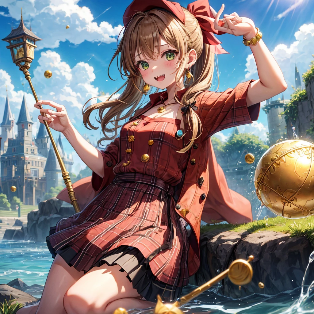 reddish-brown blonde、green eyes、ponytail、one good looking girl、solo、anime、plaid mini skirt、the skirt has buttons、camisole、black t-shirt、dress、wearing a ribbon、ribbon at waist、cloak、Crystal Grotto、hood、clouds are swirling、stone slabs are piled up、one hand raised、Wearing a baseball cap 、crystal earrings、sun、sitting、gold coins are falling、teeth are visible、splash of water、monster castle、have a world map、bow、Swing、ceiling、frying pan