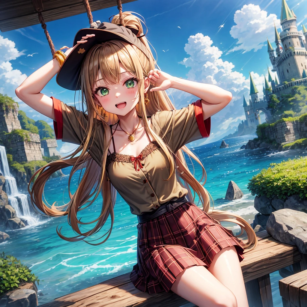 reddish-brown blonde、green eyes、ponytail、one good looking girl、solo、anime、plaid mini skirt、the skirt has buttons、camisole、black t-shirt、dress、wearing a ribbon、ribbon at waist、cloak、Crystal Grotto、hood、clouds are swirling、stone slabs are piled up、one hand raised、Wearing a baseball cap 、crystal earrings、sun、sitting、gold coins are falling、teeth are visible、splash of water、monster castle、have a world map、bow、Swing、ceiling、frying pan
