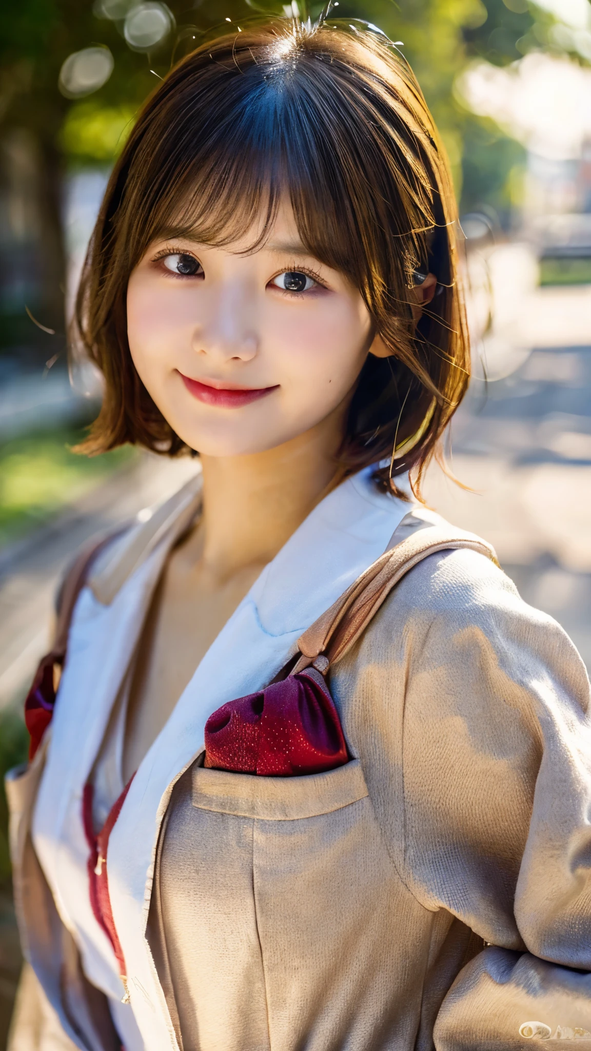 (masterpiece:1.3), (8K, Photoreal, Raw photo, best image quality: 1.4), Japanese high school girl、(random hairstyle:1.2)、cleavage:1.4、super detail face、eye for details、double eyelid、sharp focus:1.2、Beautiful woman:1.4、light brown hair、highest quality、masterpiece、Super high resolution、(Photoreal:1.4)、Half Smile、thin、short haired、Down Jacket
