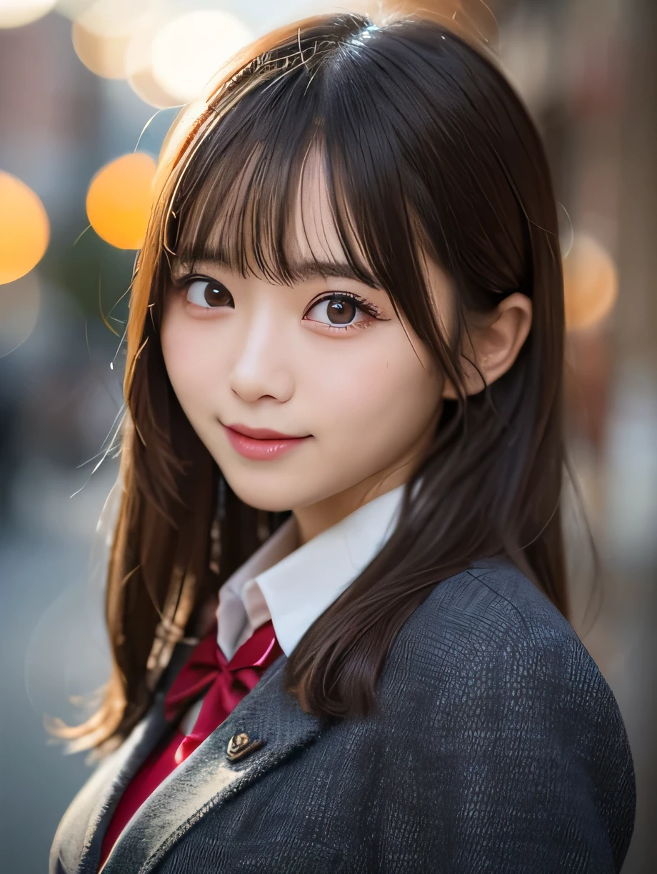 table top, highest quality, super detailed, finely, High resolution, 8k wallpaper, perfect dynamic composition, 1 girl, japanese girl, enchanting smile, smile shyly, beautiful, Very good-looking, cute like a doll, female idol, round big eyes, droopy eyes, small nostrils, 緻密でbeautiful目, natural lip,blazer ,school uniform, big breasts, bust shot, soft light, using a reflector, (50mm lens:1.3), f/1.4, (Bokeh:1.4), (blurred background:1.4),