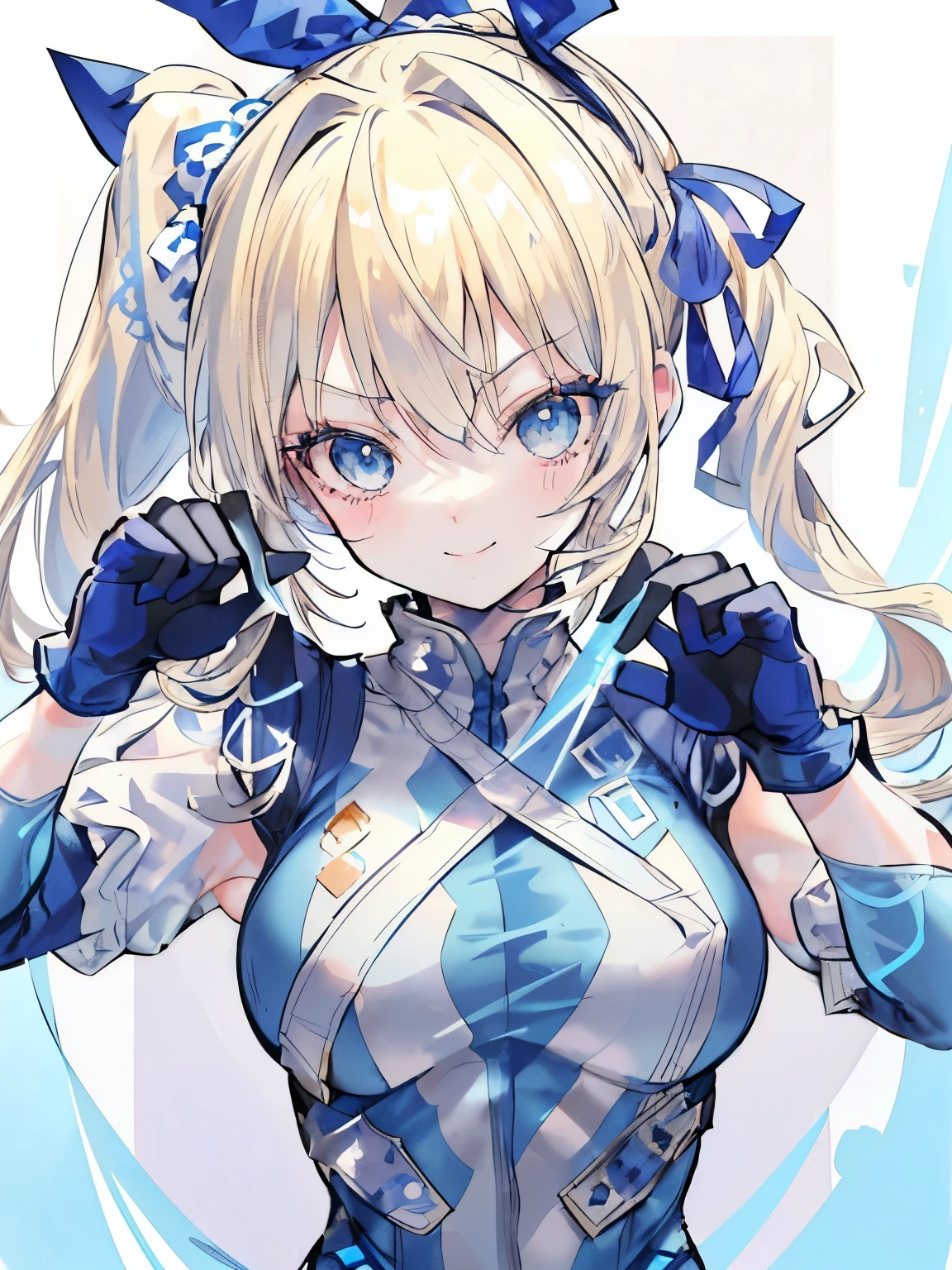 girl,((blonde)),(Side ponytail tied around the temporal lobe:1.2),(hair tied together),(blue ribbon at the knot:1.2),((Clear blue eyes)),((fighting pose:1.2)),((Costume that looks like tights with a combat bodysuit:1.4)),((Fighting game style:1.3)),((Smile triumphantly)),(close up of face:1.3),((Gloves in hand:1.2))