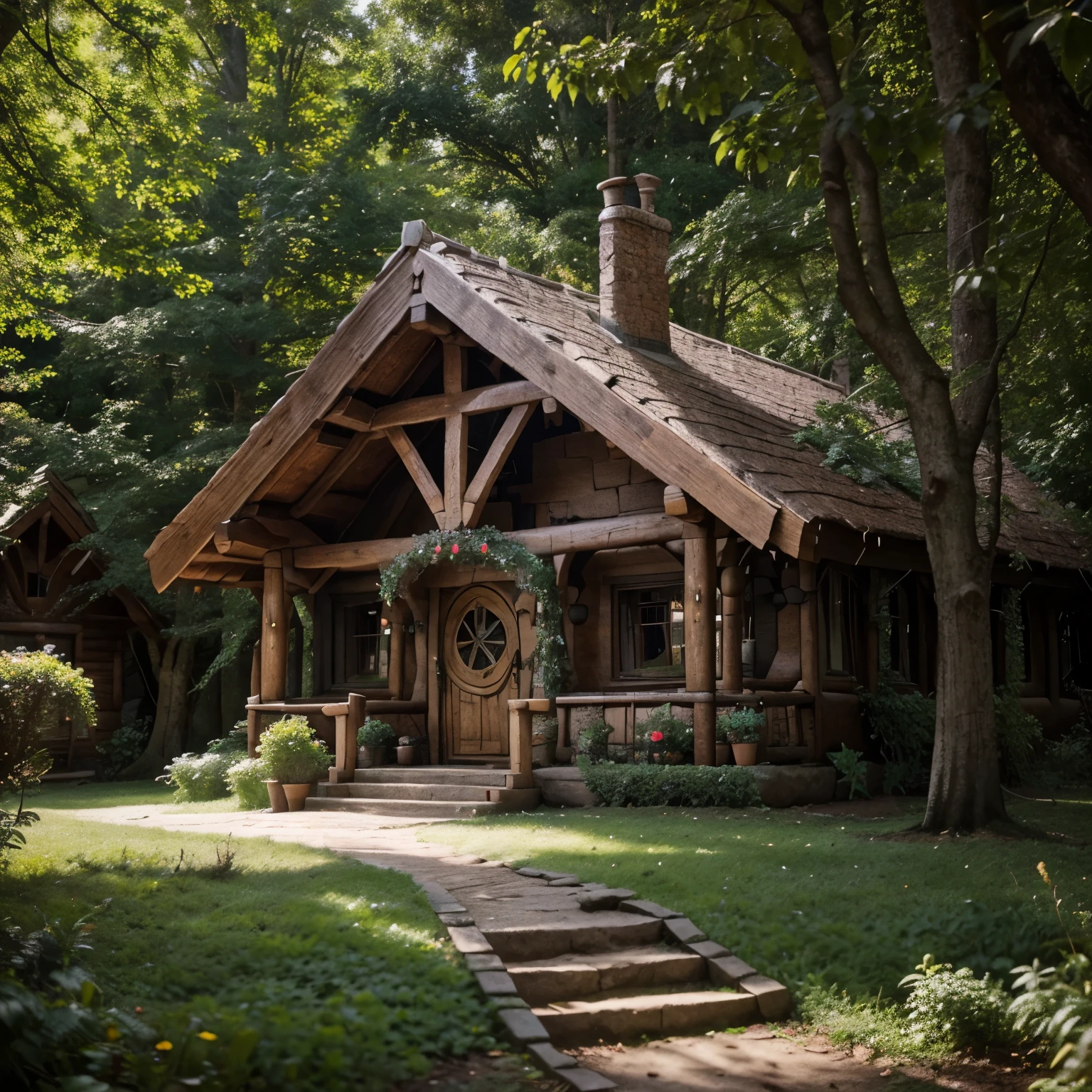a widescreen image of a dwarven house in a playful and enchanting forest, rica em fauna e flora, There can't be people in the picture. Use classic Disney cartoon style. The design must be inspired by classic animations from the 30s