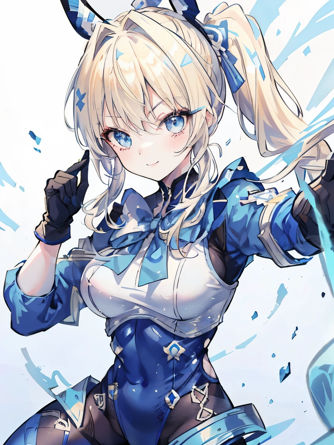 girl,((blonde)),(Side ponytail tied around the temporal lobe:1.2),(hair tied together),(blue ribbon at the knot:1.2),((Clear blue eyes)),((fighting pose:1.2)),((Costume that looks like tights with a combat bodysuit:1.4)),((Fighting game style:1.3)),((Smile triumphantly)),(close up of face:1.3),((Gloves in hand:1.2))
