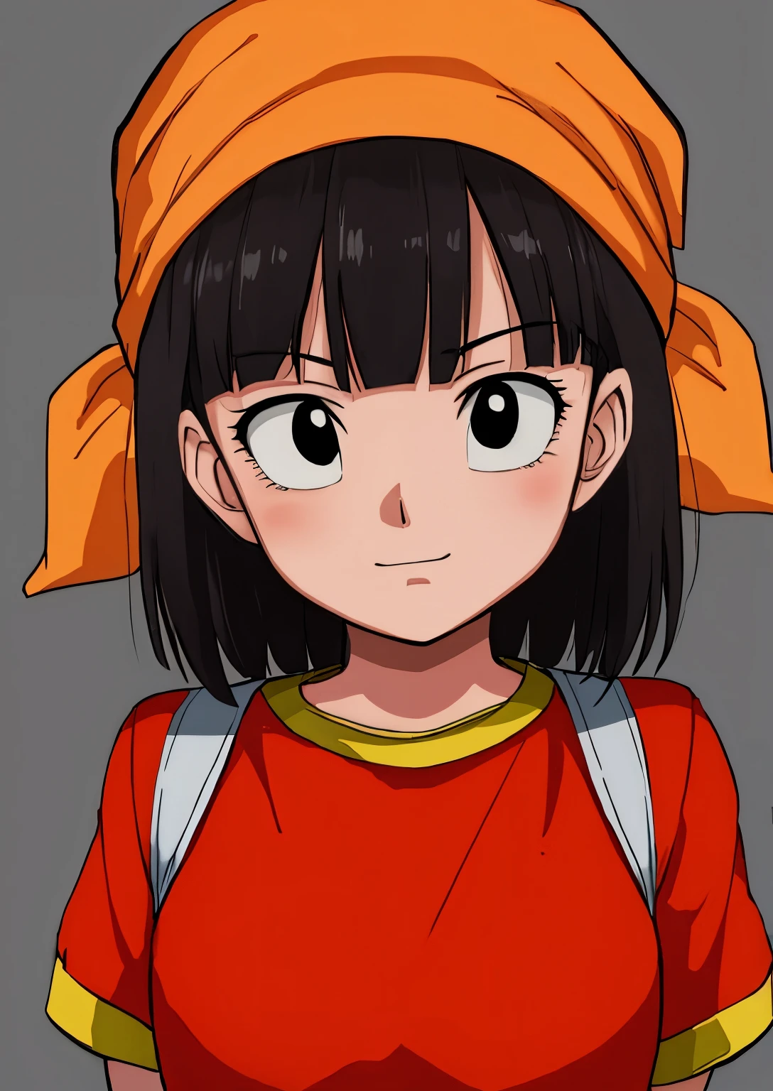 masterpiece, best quality, highest quality, photorealistic, perfect anatomy, perfect face, perfect eyes,
pandballgt, 1girl, black eyes, black hair, short hair, orange bandana, pants, fingerless gloves, red shirt tetas con una altura de 2 y 3.12 centímetros y un grosor de 2.23 centímetros