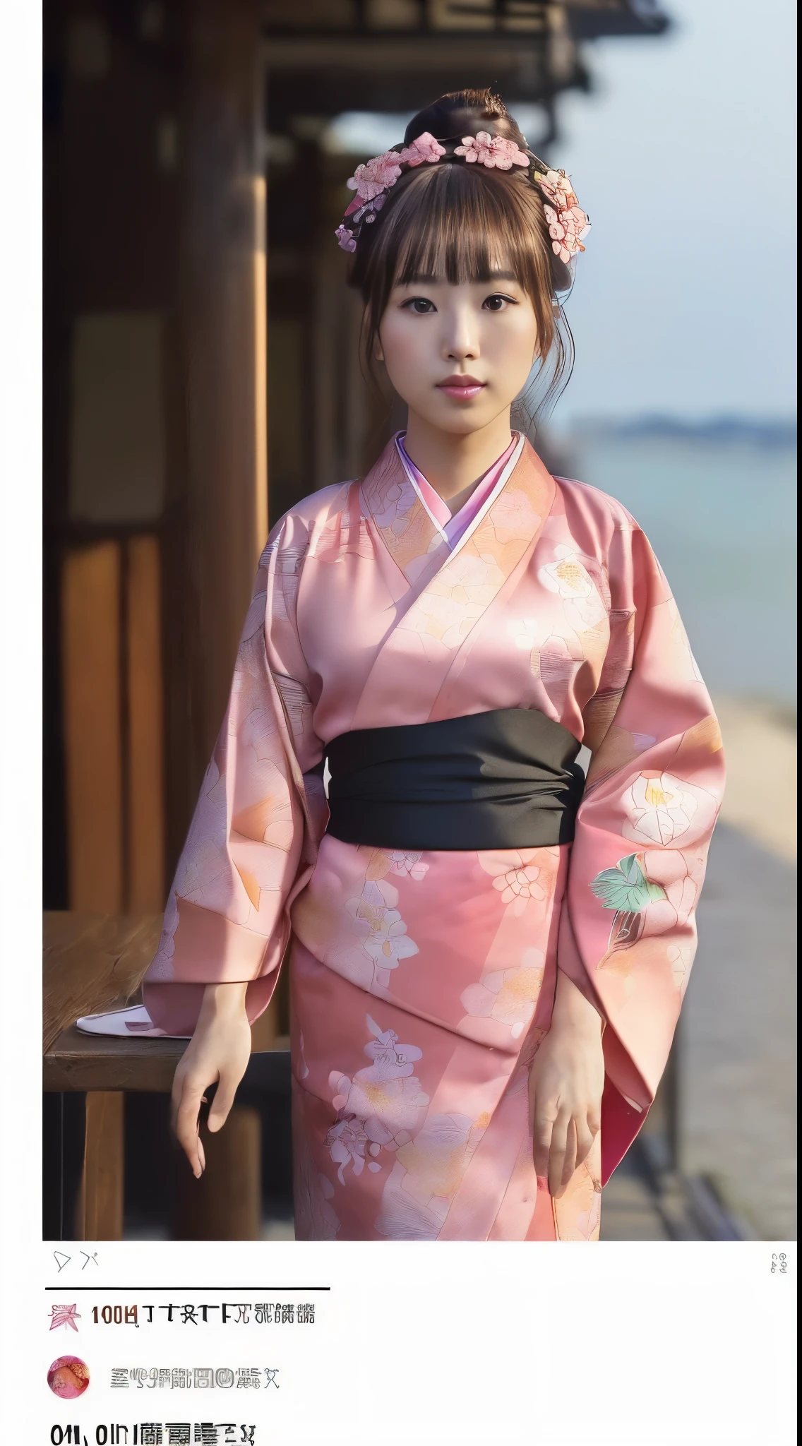 ((Masterpiece))、((((Highest image quality)))、((High resolution: 8192x8192 pixels)), ((High-definition CGUnity: 1.3))、solo ((一人)), wearing a ((pink floral kimono)), ((red obi: 3 cm wide)), outdoors,
The background is the area in front of a beautiful cafe by the sea. The sun is setting, casting a warm golden light over the scene.
((Facial details: 10 million polygons))、((Facial details: 10 million polygons)), chestnut-brown ((ウStripazorい)) ((ヘア